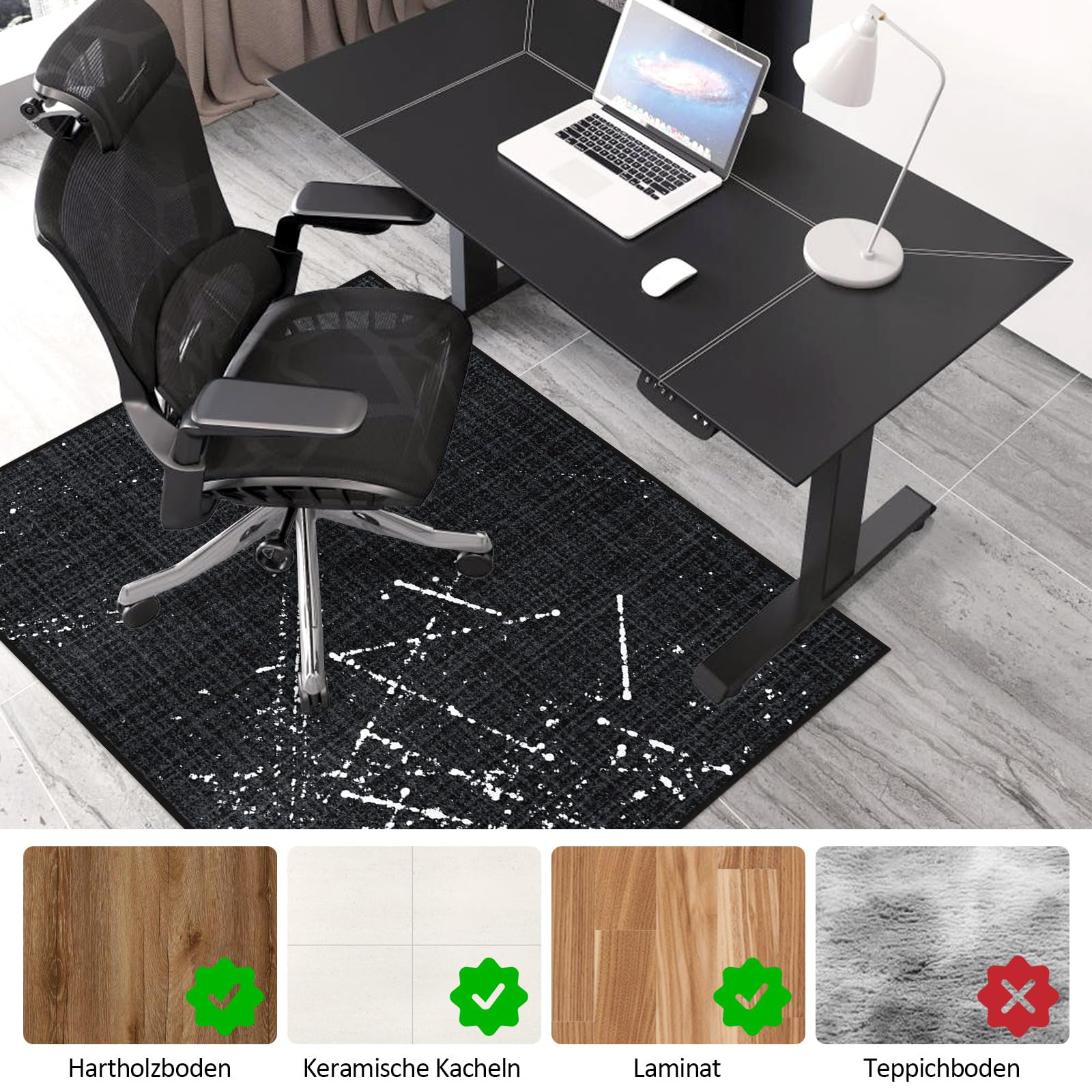 Bodenschutzmatte Bürostuhl 120X150 cm: Luxuriöse Bedruckter Stoff Bürostuhl Unterlage für Parkett und Hartböden, Mehrzweck Schreibtischstuhl Unterlage für zu Hause und im Büro (Schwarz, 120 x 150 cm)