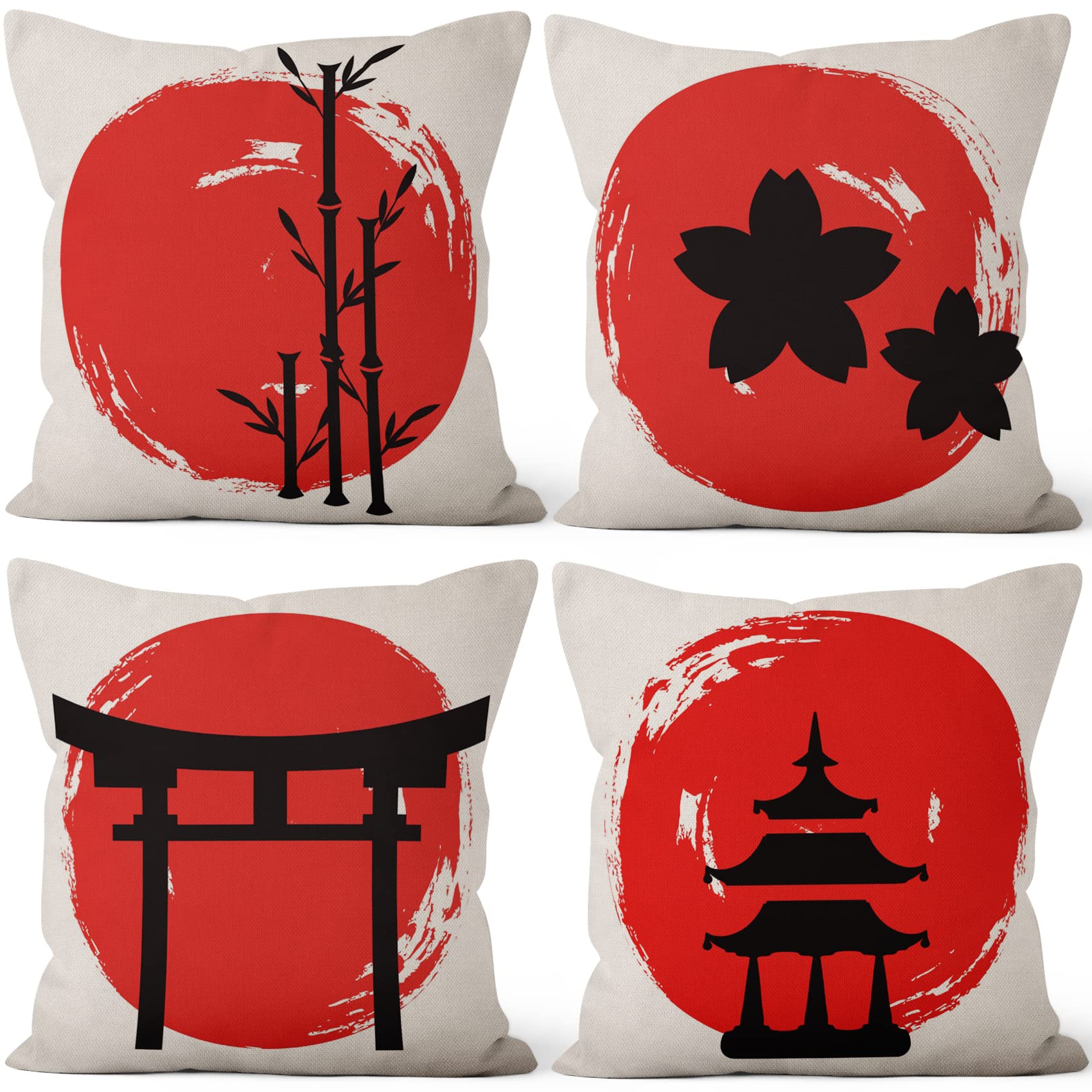 Aoihrraan 41x41cm 4er Set Dekorativ Kissenbezug Schwarz Gebäude Kirschblüte Rot Quadratische Dekokissen Aus Mit Unsichtbarem Reißverschluss Leinen Japanischer Taverne Zuhause Dekor Sofa Couch Tatami