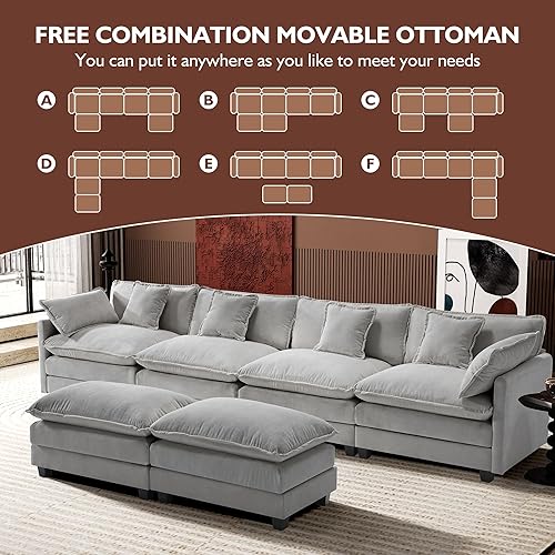 Miniatura 7 de Ihanherry Sofá Modular en Forma de U de 146" Moderno, Conjunto de Sillonetas en Nube con 2 Otomanos, Sofá de Chenilla de 6 Asientos con Asiento