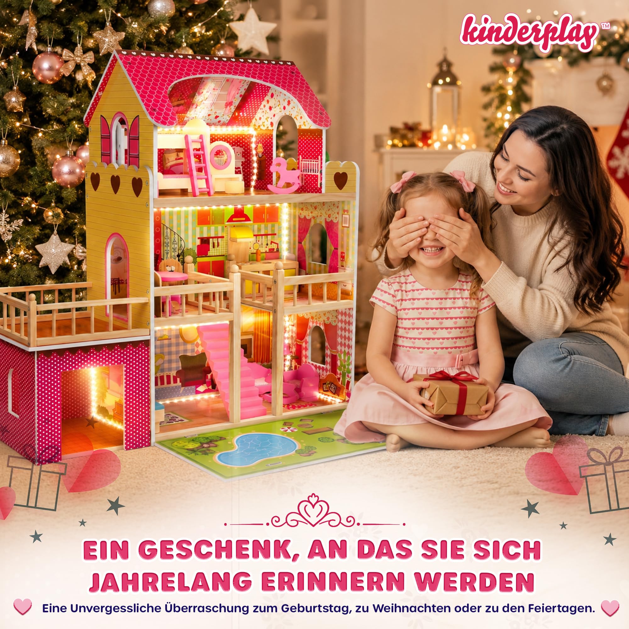 Kinderplay Puppenhaus aus Holz – Große 3‑Etagen‑Villa mit Garage & Garten – LED-Licht, 17 Möbel – Für Kinder ab 3 Jahren, Puppen bis 30 cm – 90 cm hoch