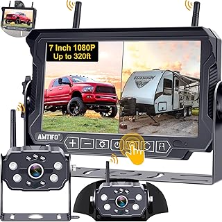 RV Wireless Backup Camera Dual Cameras - Easy Install Plug-Play for Furrion Pre-Wired System Recording 7 Inch Sensitive Touch Key Monitor Trailer Rear View Camera,No lag No Lost of Signal - AMTIFO A9