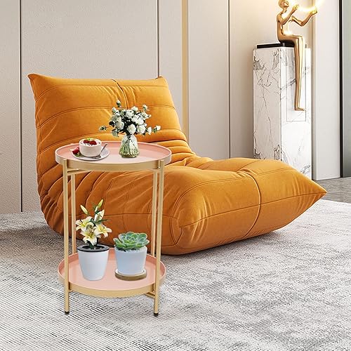 Miniatura 9 de GDNTMU Mesa auxiliar de 2 niveles mesa auxiliar redonda de metal para exteriores con bandeja extraíble pequeña mesa de acento plegable mesita de