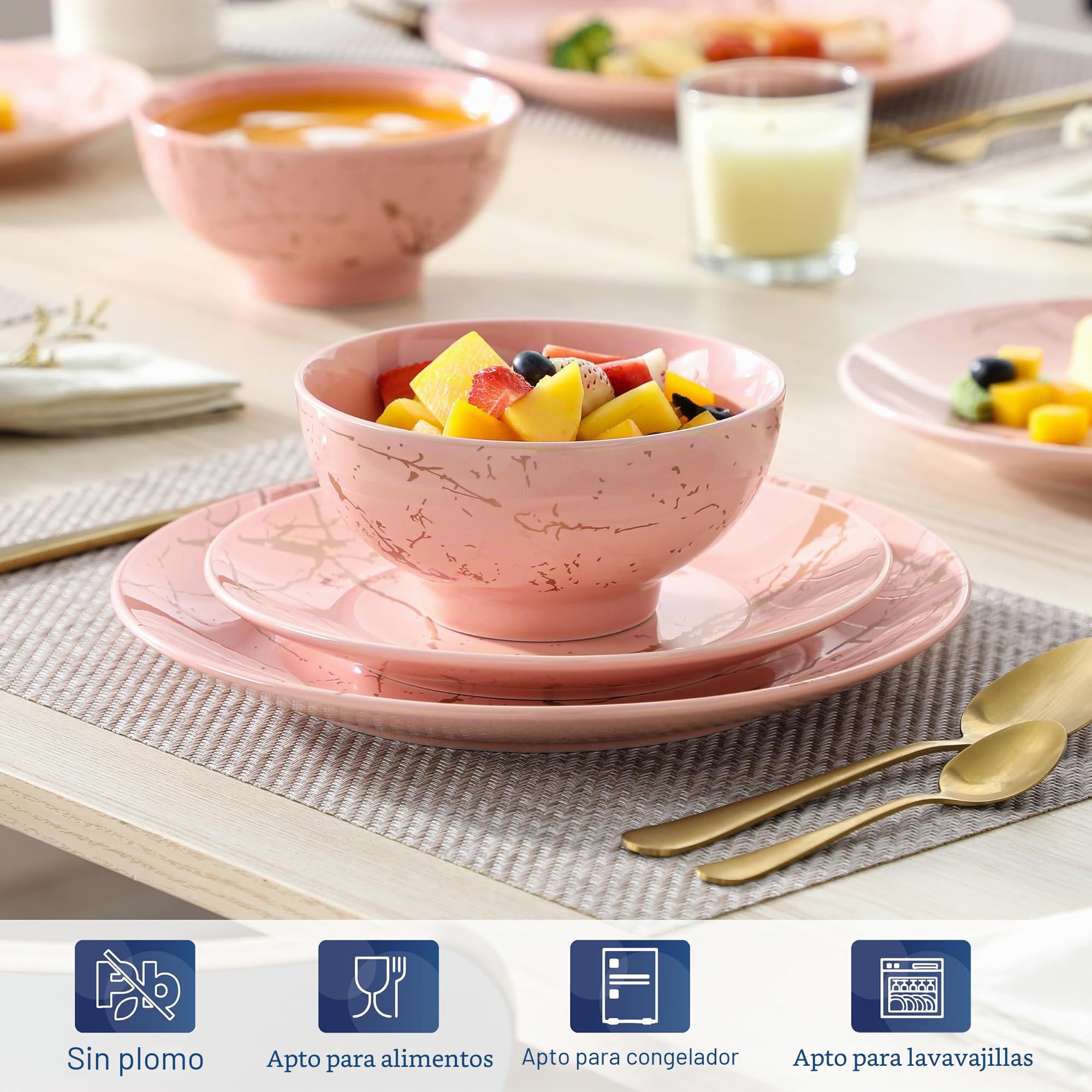 LOVECASA Juego de Vajilla de Porcelana 12 Piezas para 4 Personas, Rosa con Motivos Dorados, Apto para Lavavajillas, Versátil para Todo Tipo de Ocasiones, Platos Llanos, Platos de Postre y Cuencos