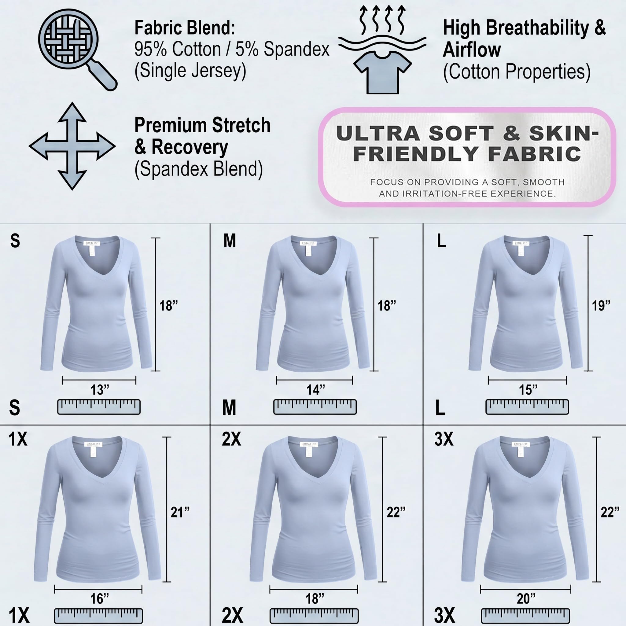 Emmalise T-shirt à manches longues et col en V pour femme Junior et grande taille, Lot de 4 - Bleu marine, noir, gris H, blanc, Taille L
