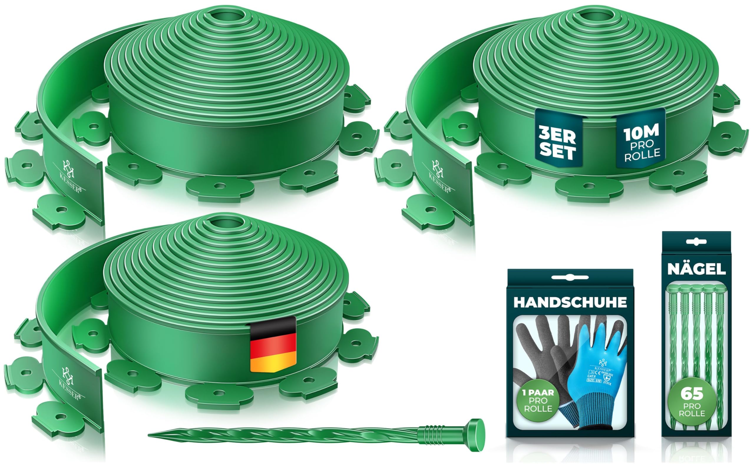 KESSER® Flexibele Gazonrand Van Kunststof, Lengte 10 M, Hoogte 5 Cm Met 50 Grondankers 1 Paar Han