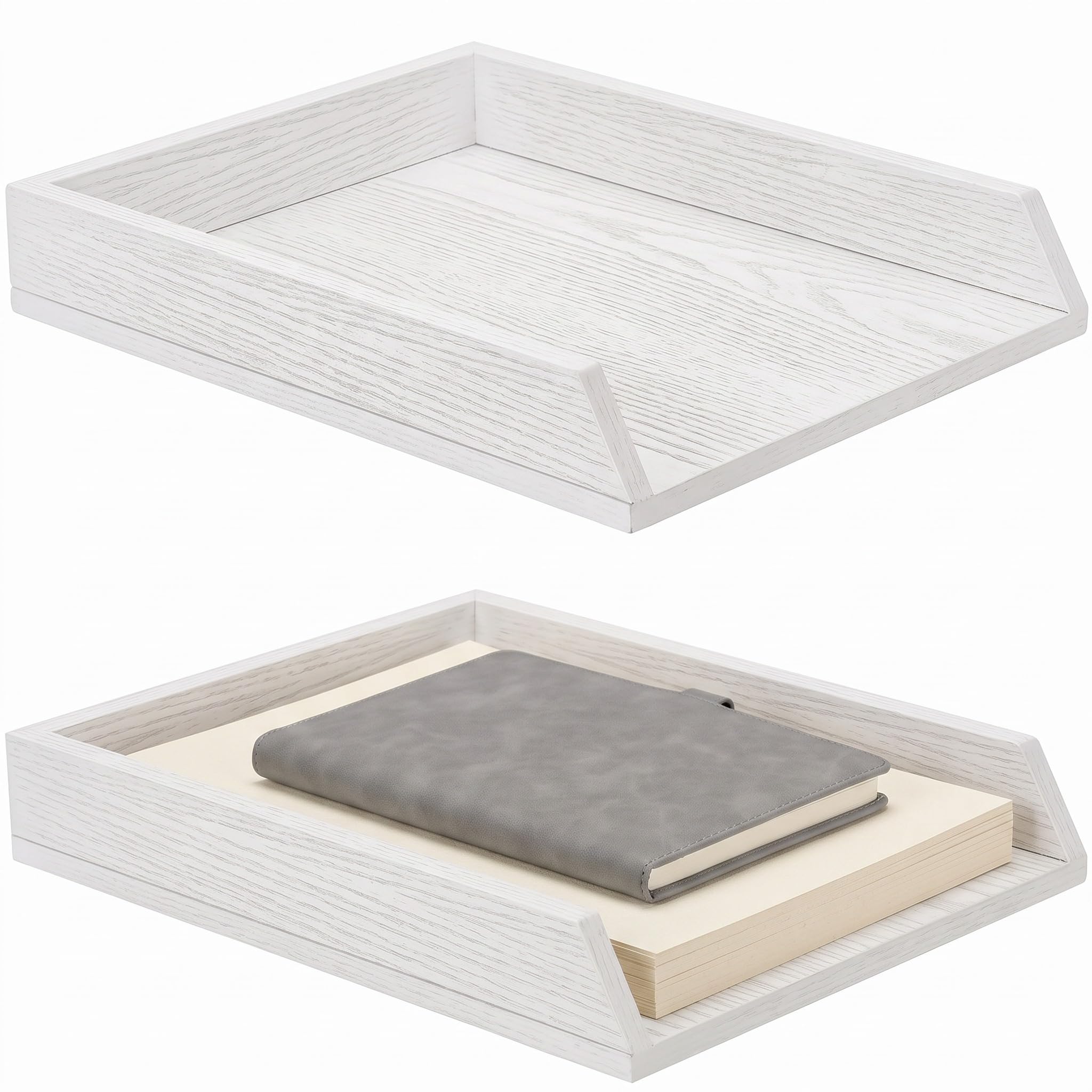 DoubleFill 2 Pcs Wooden Letter Tray 2 Tier Letter-Size Desk Tray, White
