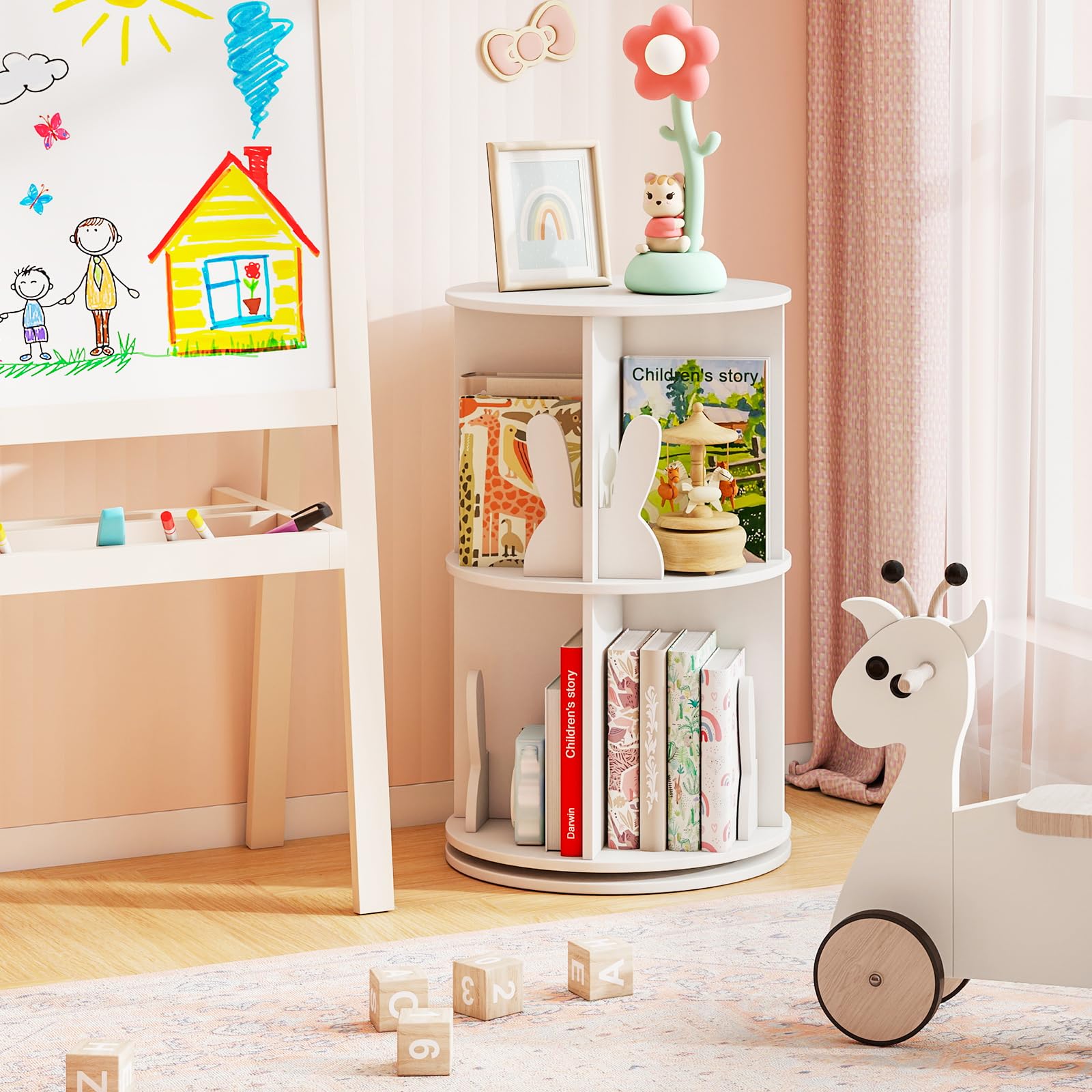 COSTWAY Bibliothèque Enfant Rotative à 360°à 2 Niveaux avec 8 Compartiments Ouverts, Étagère à Livres avec Cloisons en Forme Lapin, Patins Antidérapants pour Chambre d'enfant Salon (Blanc)