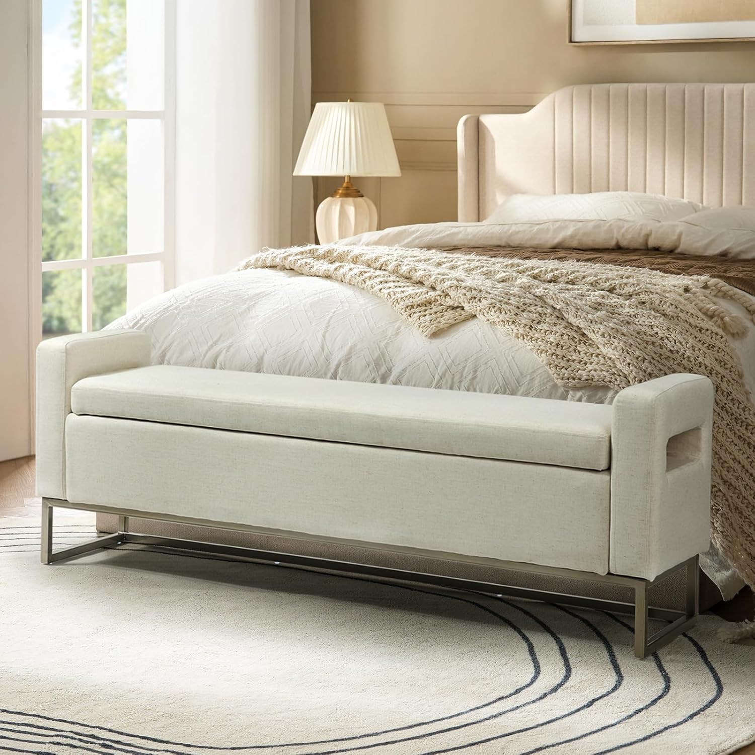 58.4" Ottoman with Storage,Upholstered Entryway Bench for Bedroom and Living Room,End of Bed Bench with Metal Base，Linen