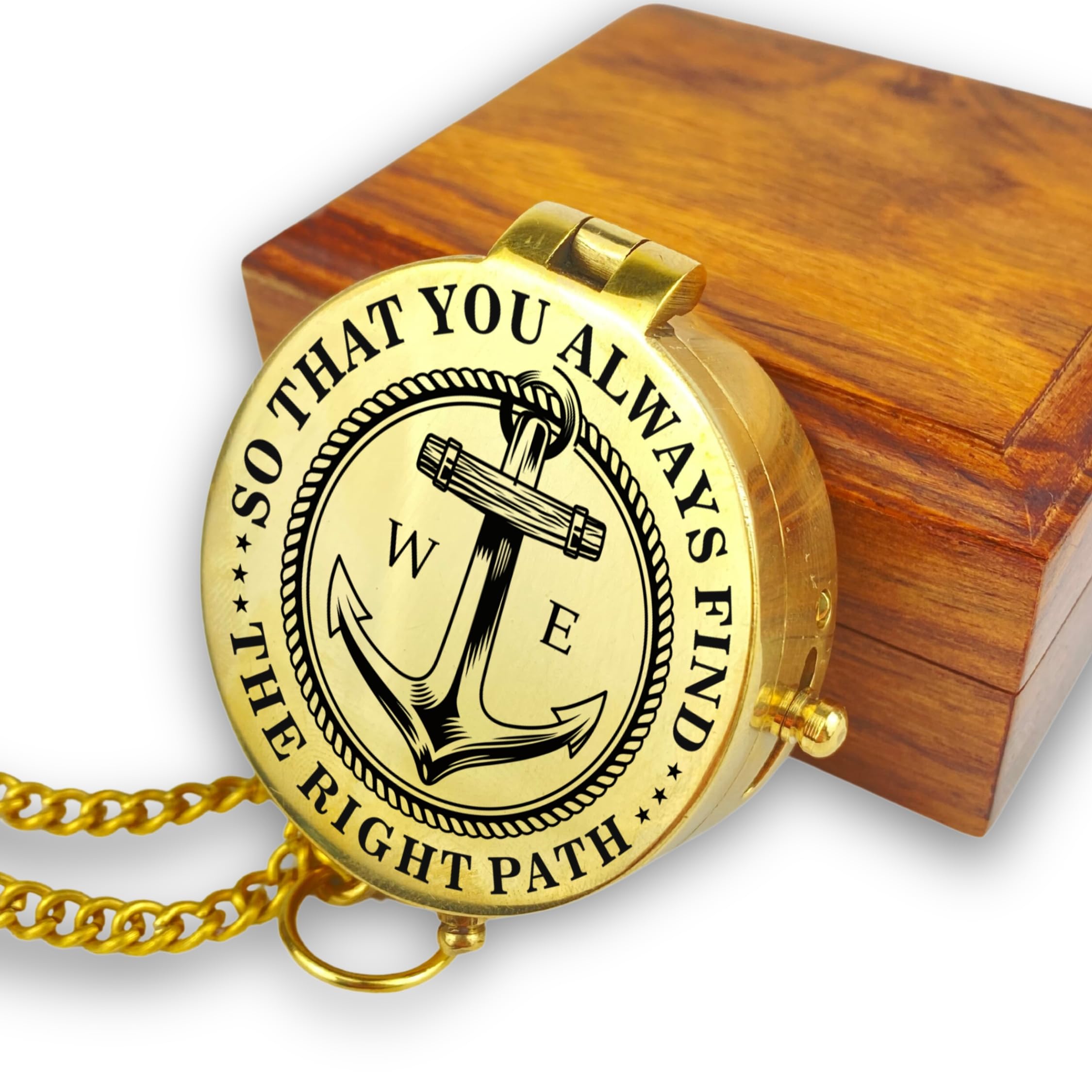 Personalised Compass with Engraving Maritime Motif and Desired Text Name Various Designs Brass Leather Case Gift Box Gift Idea (Polished/Shiny)