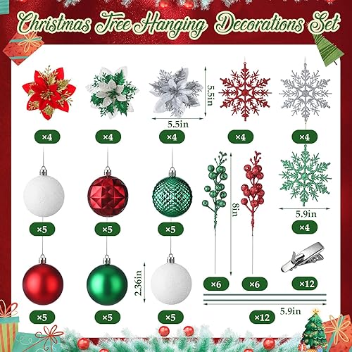 Miniatura 2 de Juego de 84 piezas de decoración para árbol de Navidad, adornos de bolas de árbol de Navidad, decoraciones de flores de Pascua con purpurina, tallos