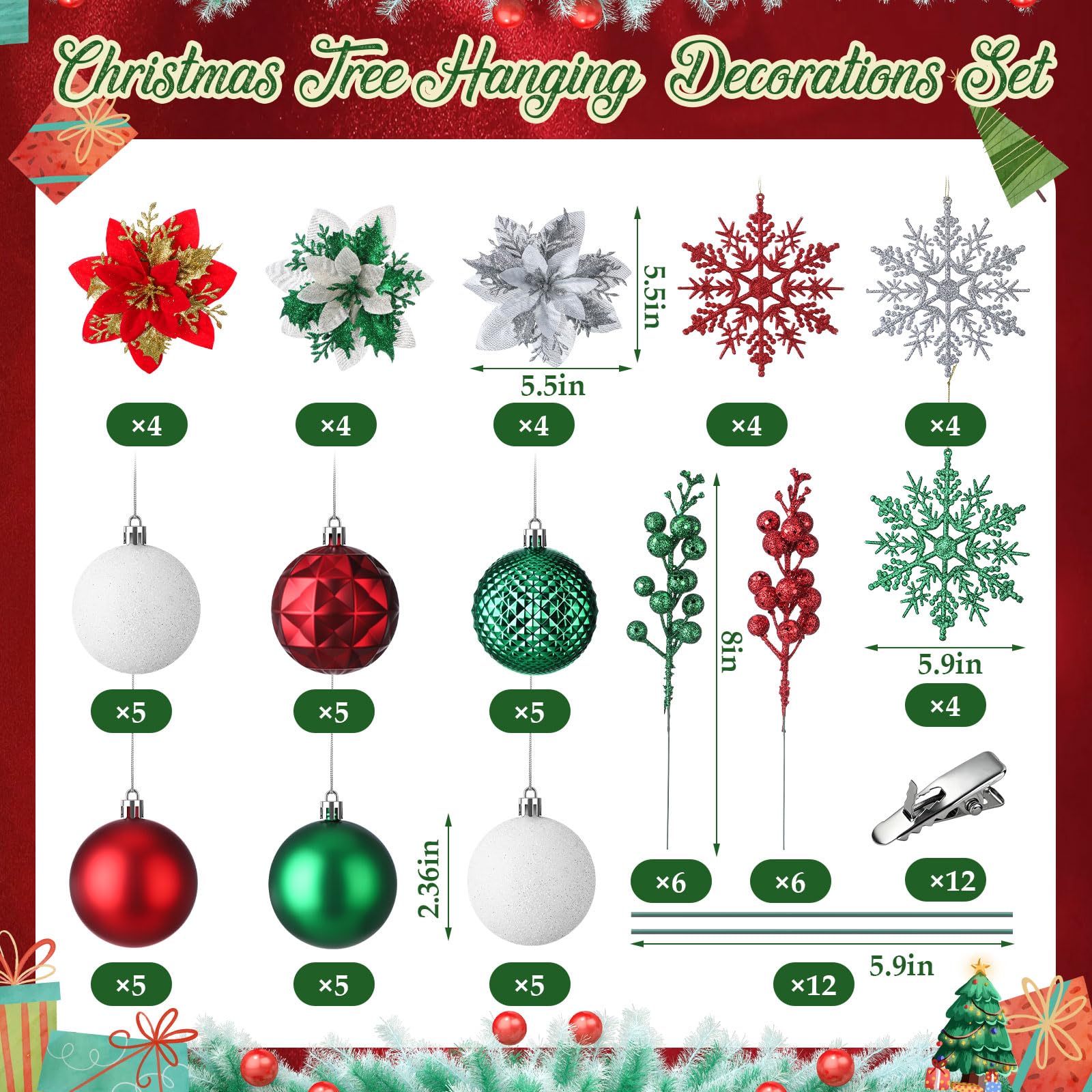 Künstliche Weihnachtssterne, Weihnachtsstern, Weihnachtsbaumschmuck, Glitzer, Weihnachtssterne, Blumen mit Clips, Stiele, Beerenspieße, Kugel, hängende Weihnachtskugeln für