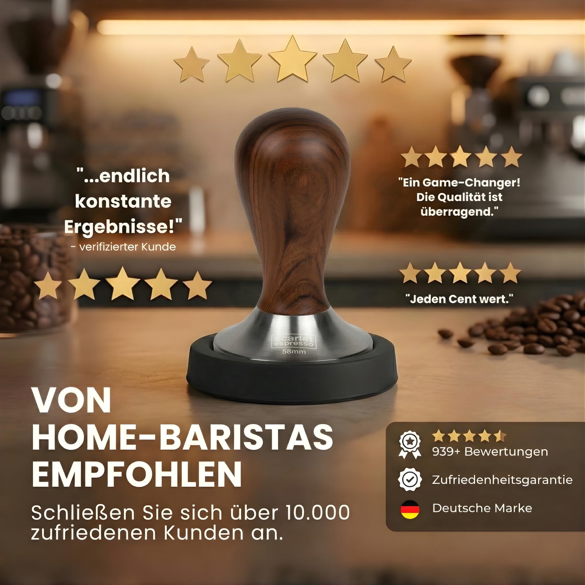 'Scarlet Espresso Classic – Prensador con marrón/negro inoxidable mango de madera para cafeteras, Set Ebenholz - Schwarz + Tamper Ablage, 41 mm