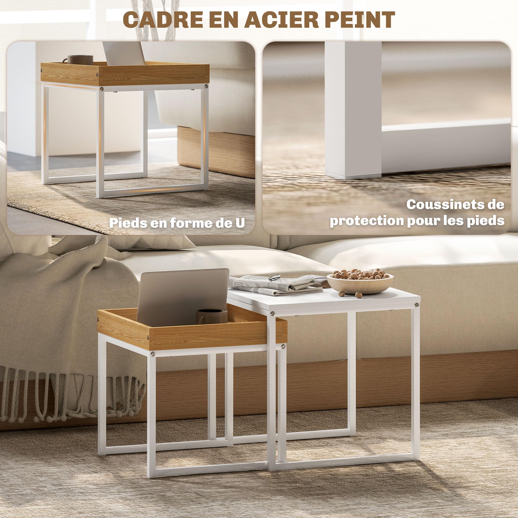 HOMCOM Lot de 2 Tables Basses Gigognes Carrées, Tables Gigognes de Salon avec Cadre en Acier, pour Salon, Chambre, Petit Espace, Style Moderne, Blanc