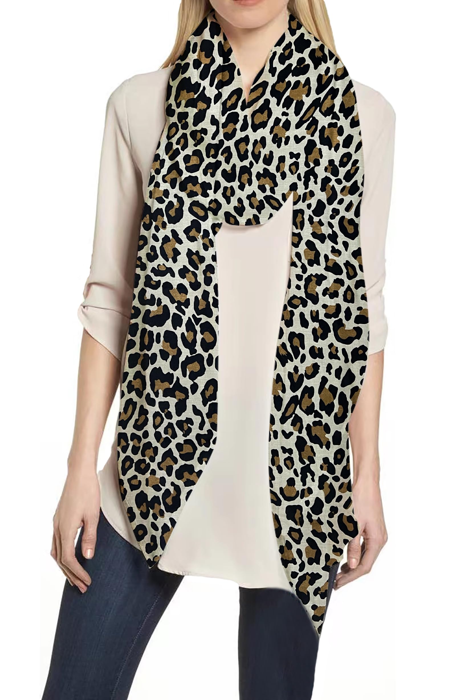 Leopard Animal Print Women's Scarf Shawl Lightweight (Beige, Black