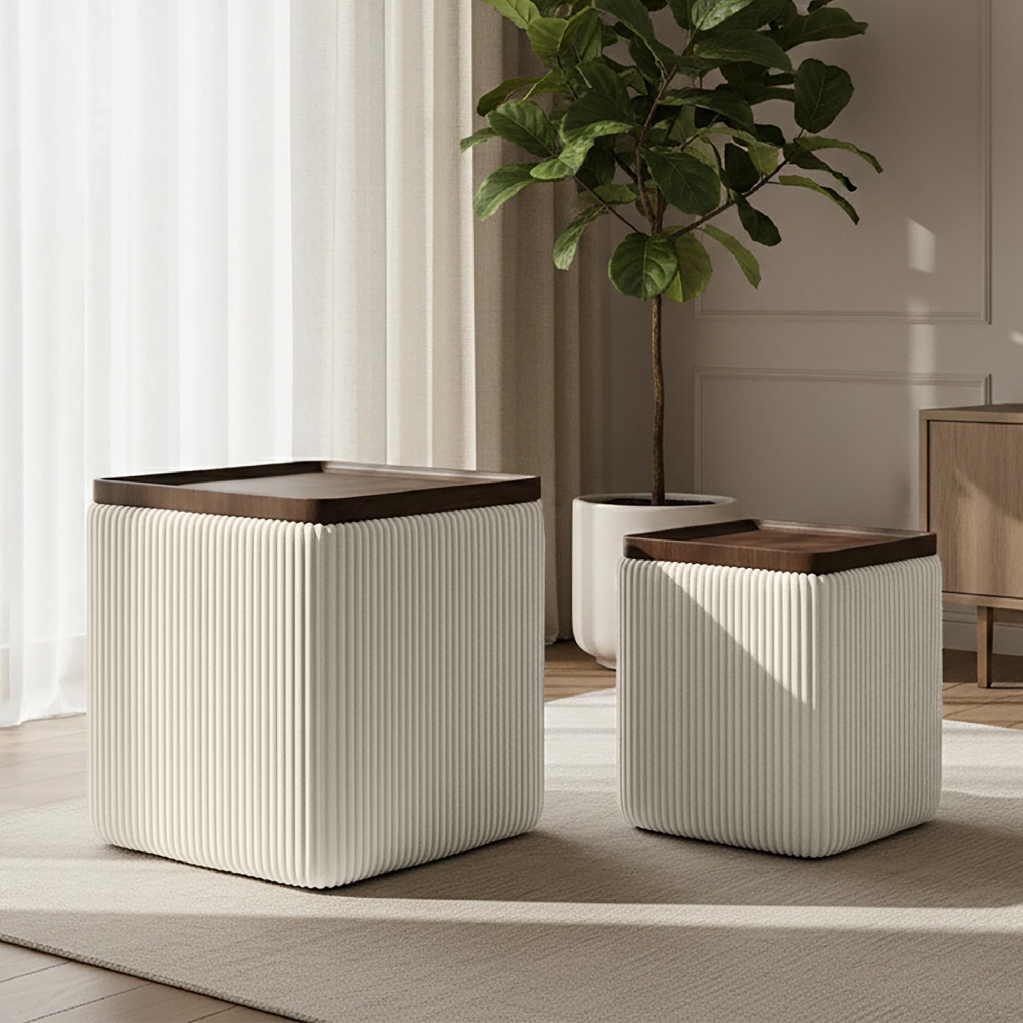 IlGruppone Set 2 Pouf Contenitore Quadrati in Velluto con Coperchio in Legno, Tavolino da Salotto Moderno, Pouf Contenitore Salvaspazio, Seduta Imbottita, Pouf Poggiapiedi - Beige
