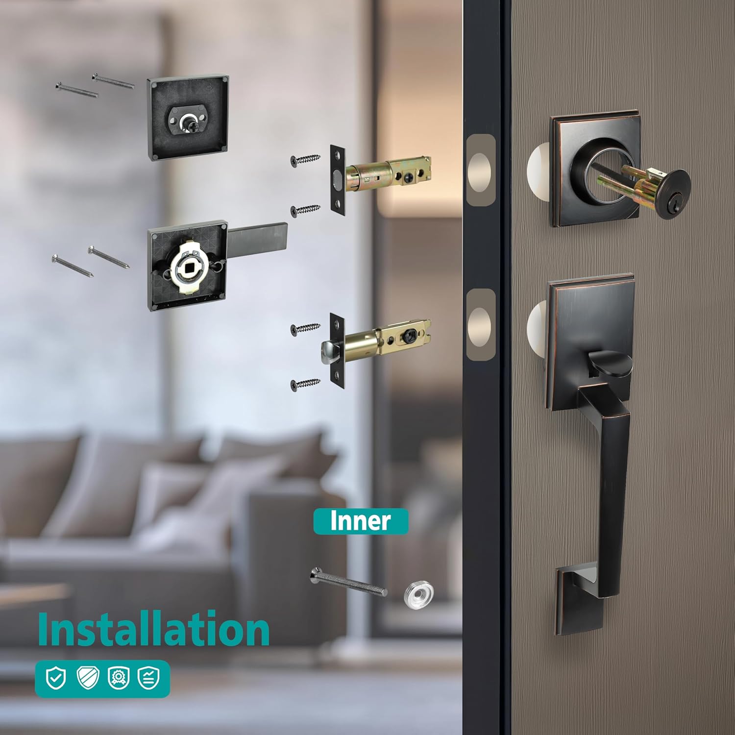 TOGU HS14D-L01 Heavy Duty Single Cylinder HandleSet Front Door Lock with Lever Door Handle,Solid Entry Door Lockset Leverset for Home Exterior Doors, Easy Installation, Oil Rubbed Bronze Finish