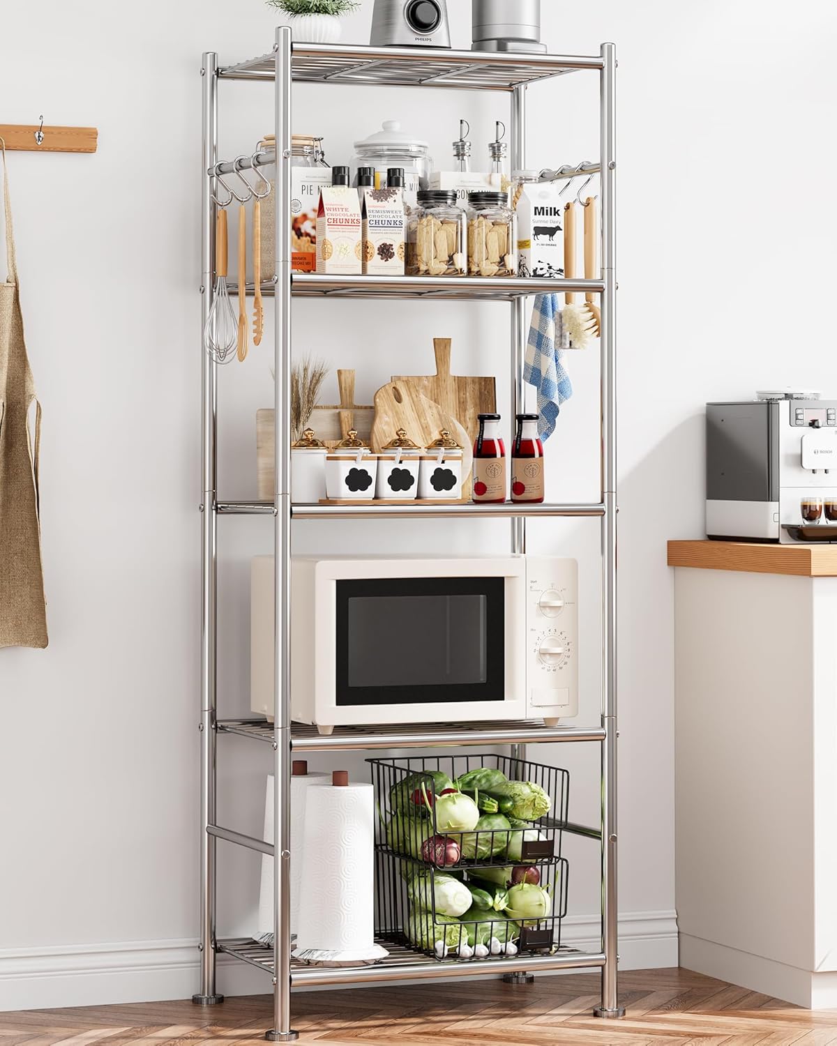 storage shelves - 5-tier large capacity shelf organizer with hooks, heavy-duty garage shelving with leveling feet, wobble-free rack for bedroom, balcony, garage, 18.1"×12.4"×56.8", silver silver 18.1w×12.4d×56.8h(5t)