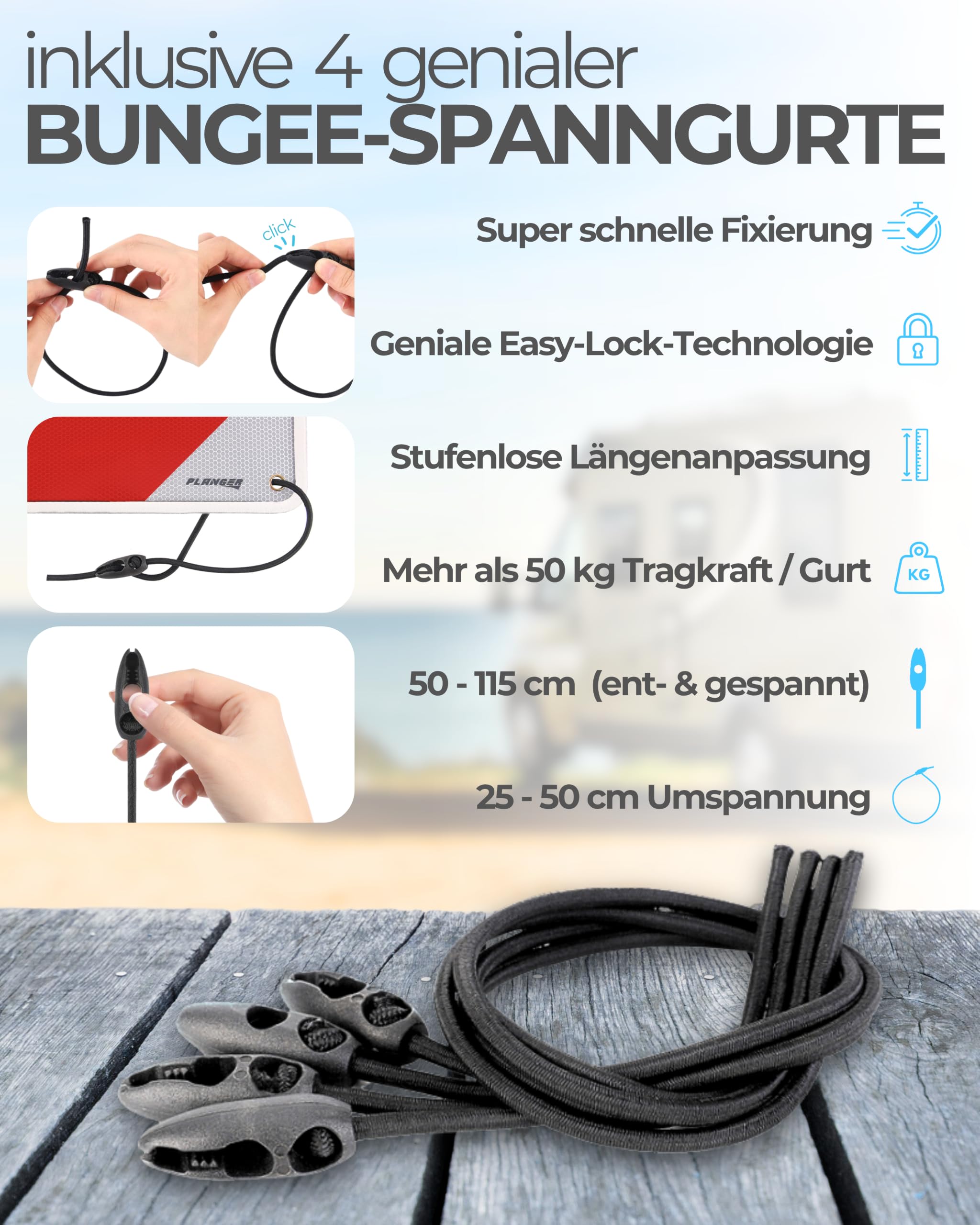PLANGER® - Panneau d'avertissement Italie et Espagne (Panneau + Tendeur) 2en1 (50 x 50 cm) - Panneau d'avertissement réfléchissant rouge et blanc pour porte-bagages arrière et porte-vélos