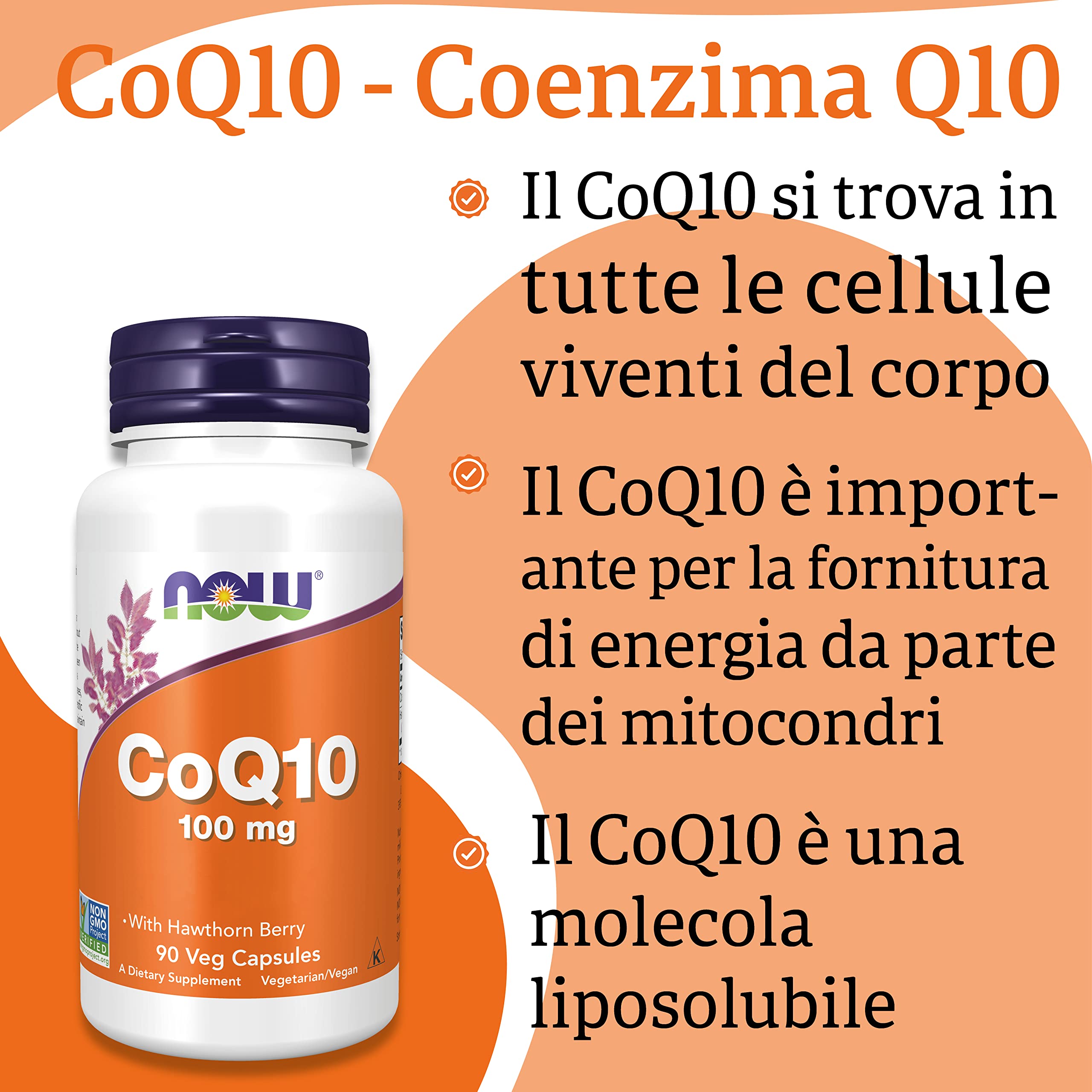 Now Foods CoQ10 (Coenzima Q10), 100mg, con Biancospino, 90 compresse vegane, Testato in Laboratorio, Senza Glutine, Senza Soia, Vegetariano, Non OGM