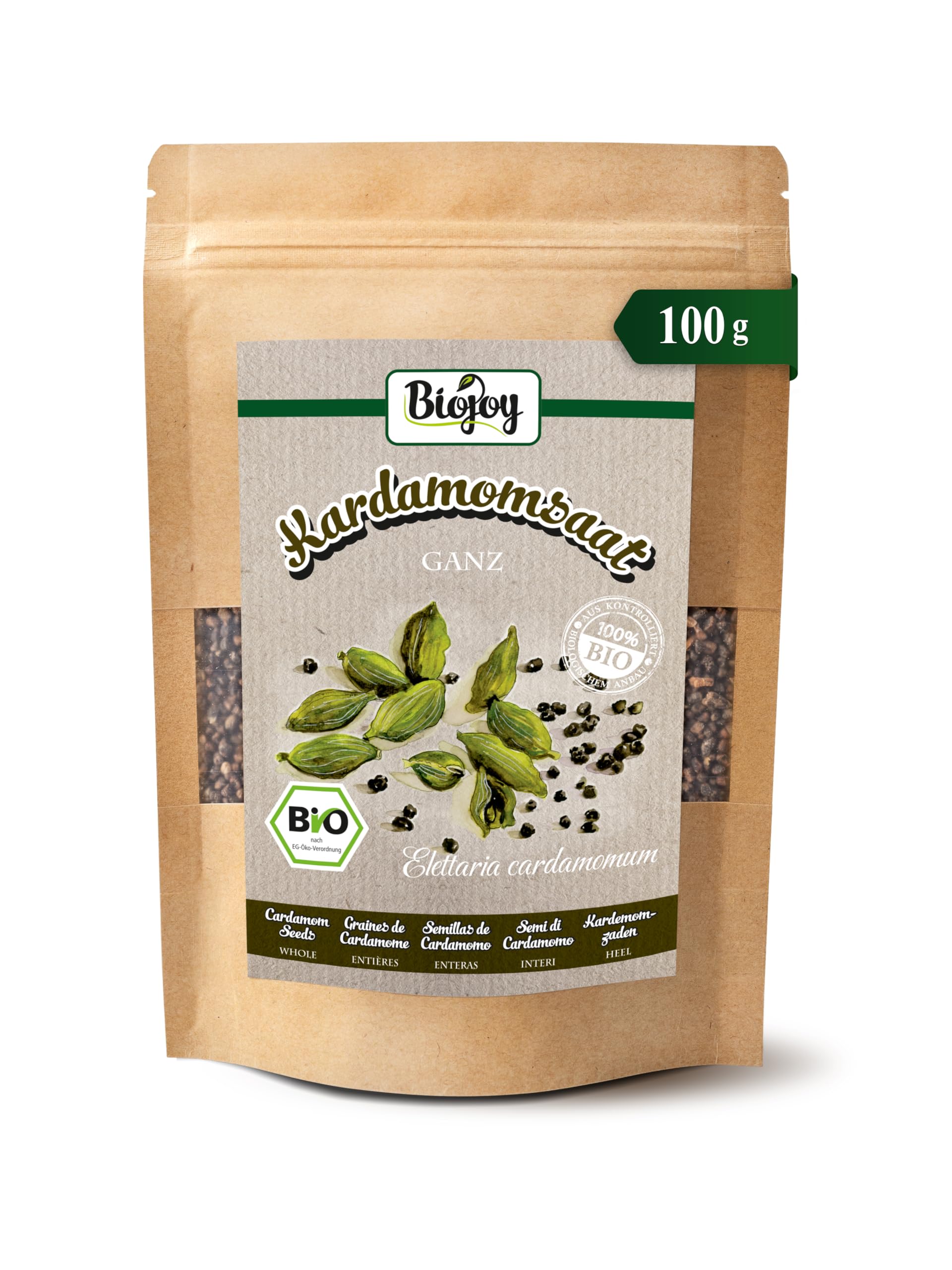 Biojoy Cardamomo Semillas Orgánico (100 g) secas y enteras, sin la vaina (Elettaria cardamomum)