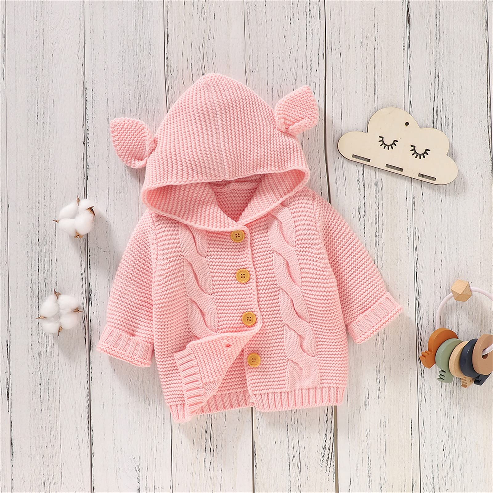 RNTOP Toddler Baby Cardigan Sweaters Infant Boy Girl Solid Color Long Sleeve Knitted Hooded (Pink, 12-18 Months)