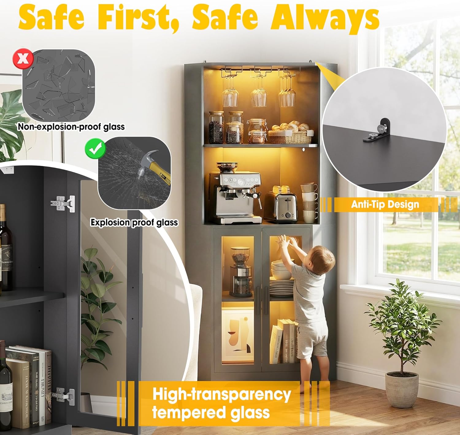 Corner Wine Cabinet with LED Lights, 65" Tall Corner Bar Cabinet with Tempered Glass Door & Glass Holder, 4-Tier Liquor Alcohol Coffee Bar Cabinet Storage for Home Living Dining Room, Kitchen