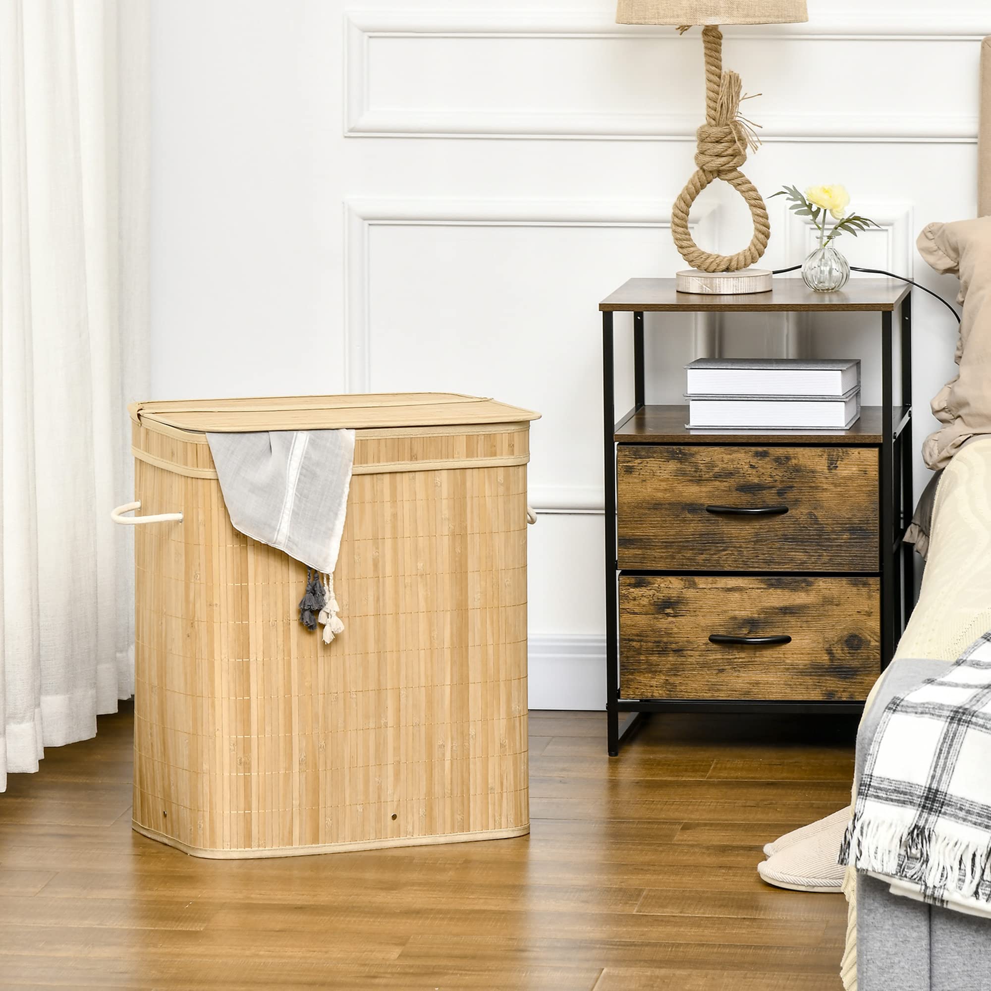 HOMCOM Cesto de Ropa Sucia con Tapa, 90L, Cesta Ropa Sucia de Bambú con 2 Compartimentos, Bolsa Interior Extraíble y Lavable, Asas, para Lavandería, Dormitorio, 54,2x35,2x59,5 cm, Natural