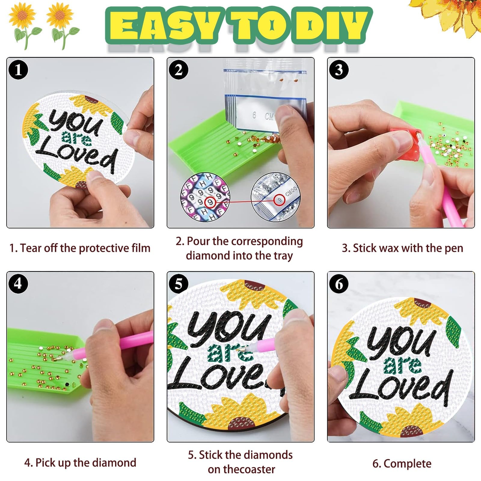 Kit De 8 Sous-verres à Peindre En Diamants - Motif Tournesol - Loisir Créatif DIY Avec Support En Fer - 10x10 Cm