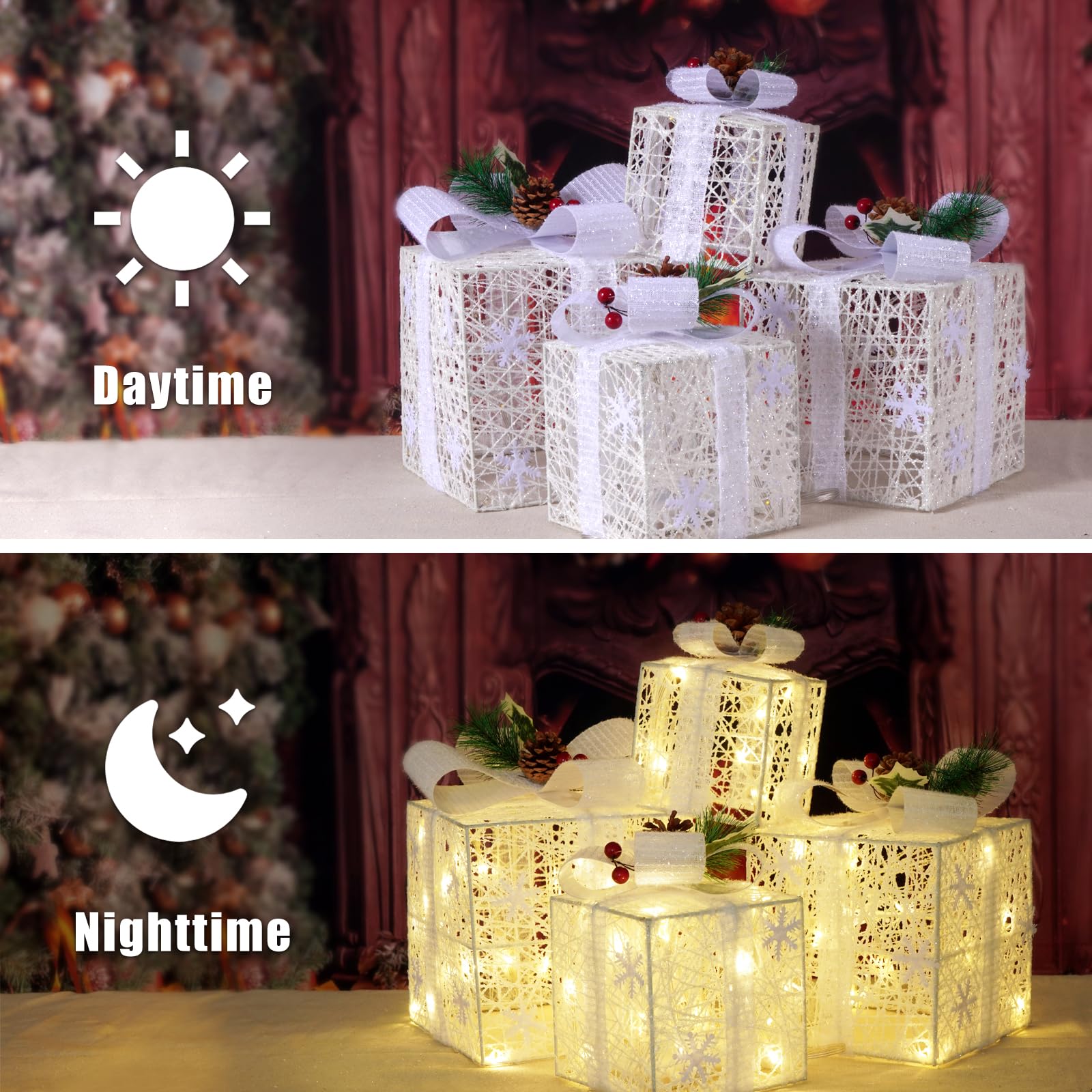 COVFEVER Set of 4 Christmas Lighted Gift Boxes, Pre-lit Light up Present Set with Different Sizes for Holiday Indoor Outdoor Decorations - Battery Operated (Pink): Snowflake