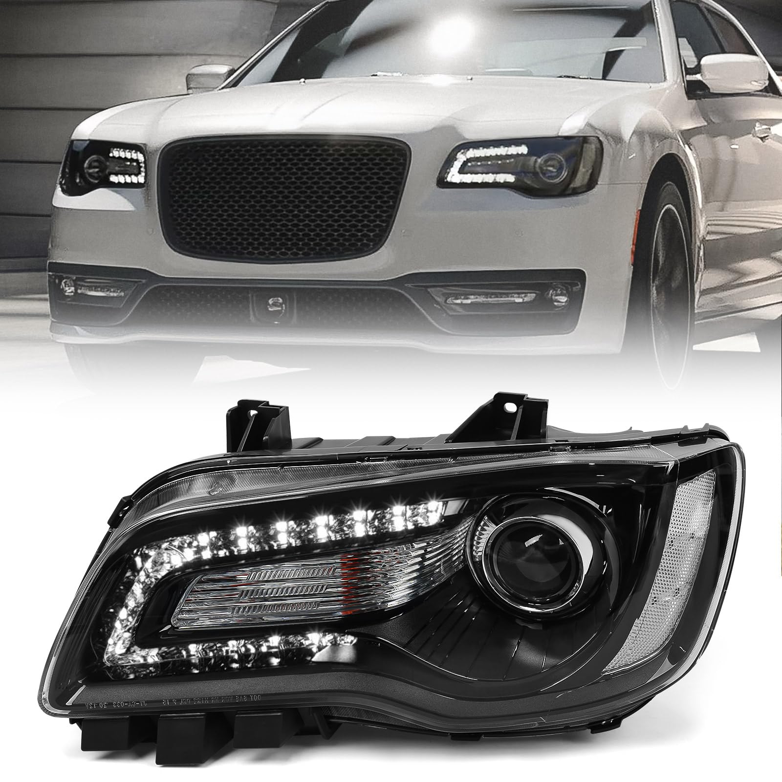 Huray Left Halogen Headlight Assembly Fit for Chrysler 300/300C 2015 2016 2017 2018 LH OE Factory Projector Headlamp w/LED DRL Replacement for CH2502269 68214383AD Driver Side (Black Housing)