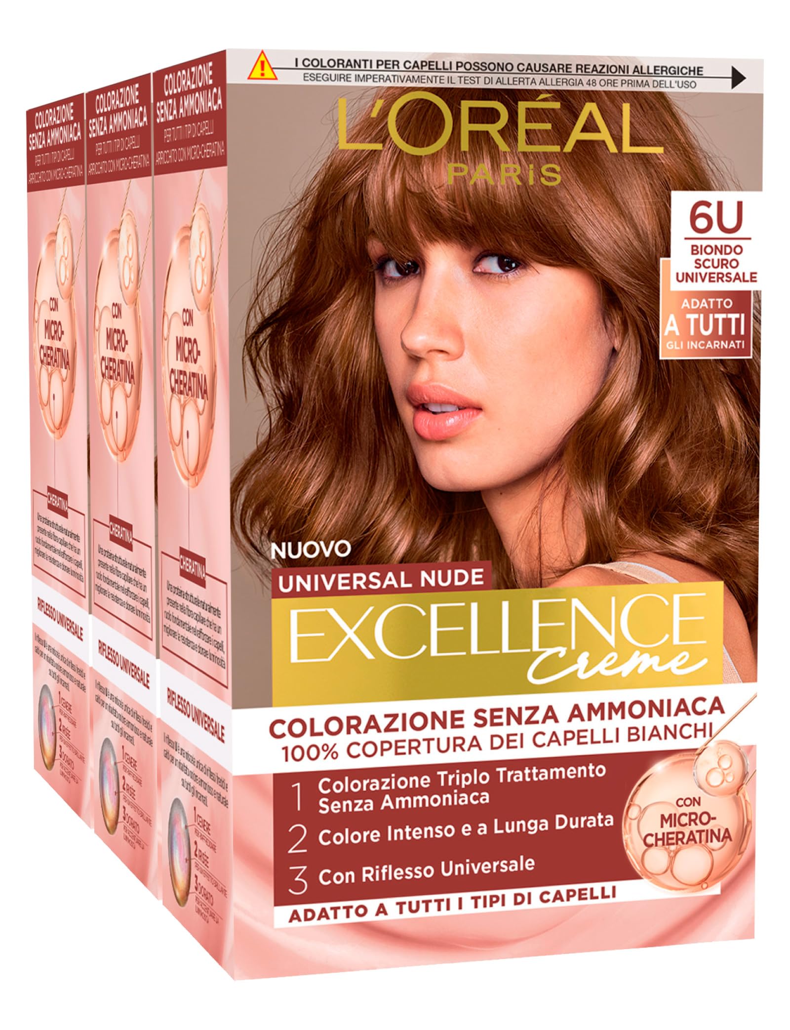 L'Oréal Paris Excellence Creme Universal Nude Coloración Permanente Rubio Oscuro 6U Triple Tratamiento – 3 tintes
