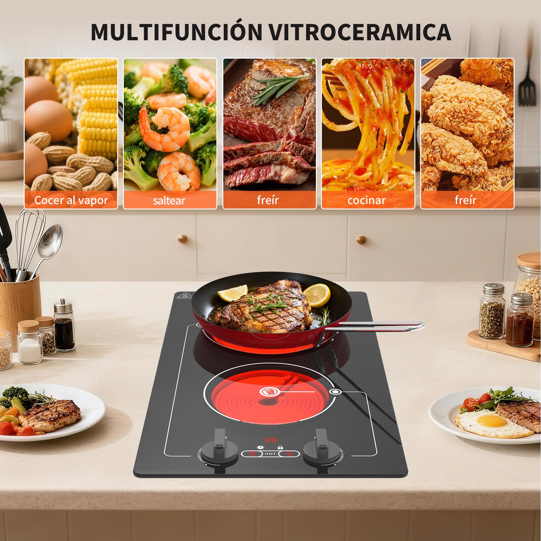 VBGK vitro portatil 2 fuegos, 220V 3000W placa vitroceramica con botón de control, 9 niveles, bloqueo y temporizador para niños