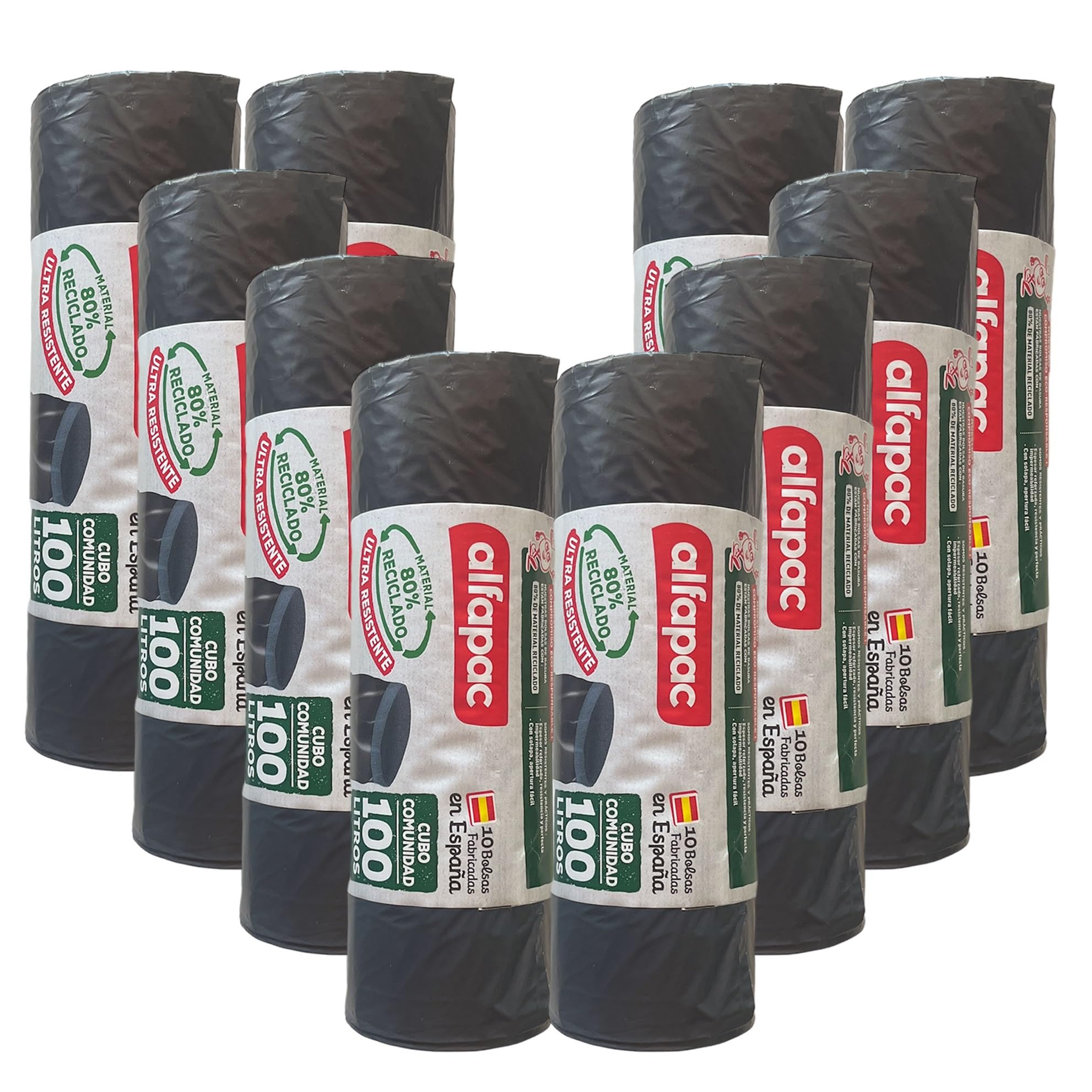 80% riciclato, 10 rotoli da 10 sacchi della spazzatura (100 sacchetti) 'Pattumiera comunità', ultra resistente, triplo strato, antigoccia, 100 litri
