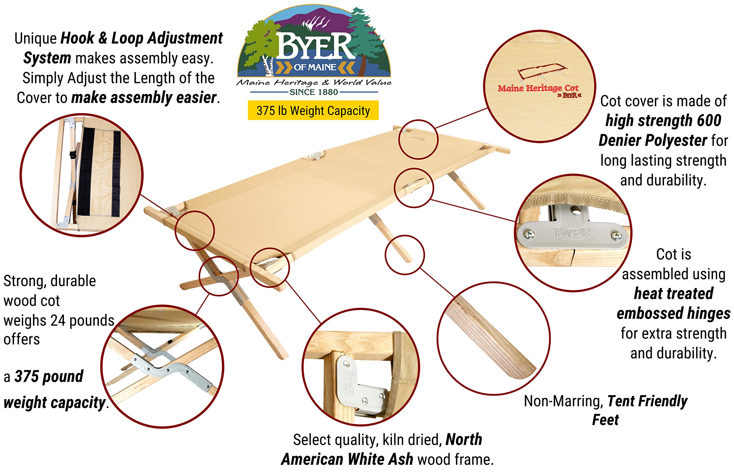 BYER OF MAINE, Maine Heritage Cot, Extra Large, Holds 375lbs, North