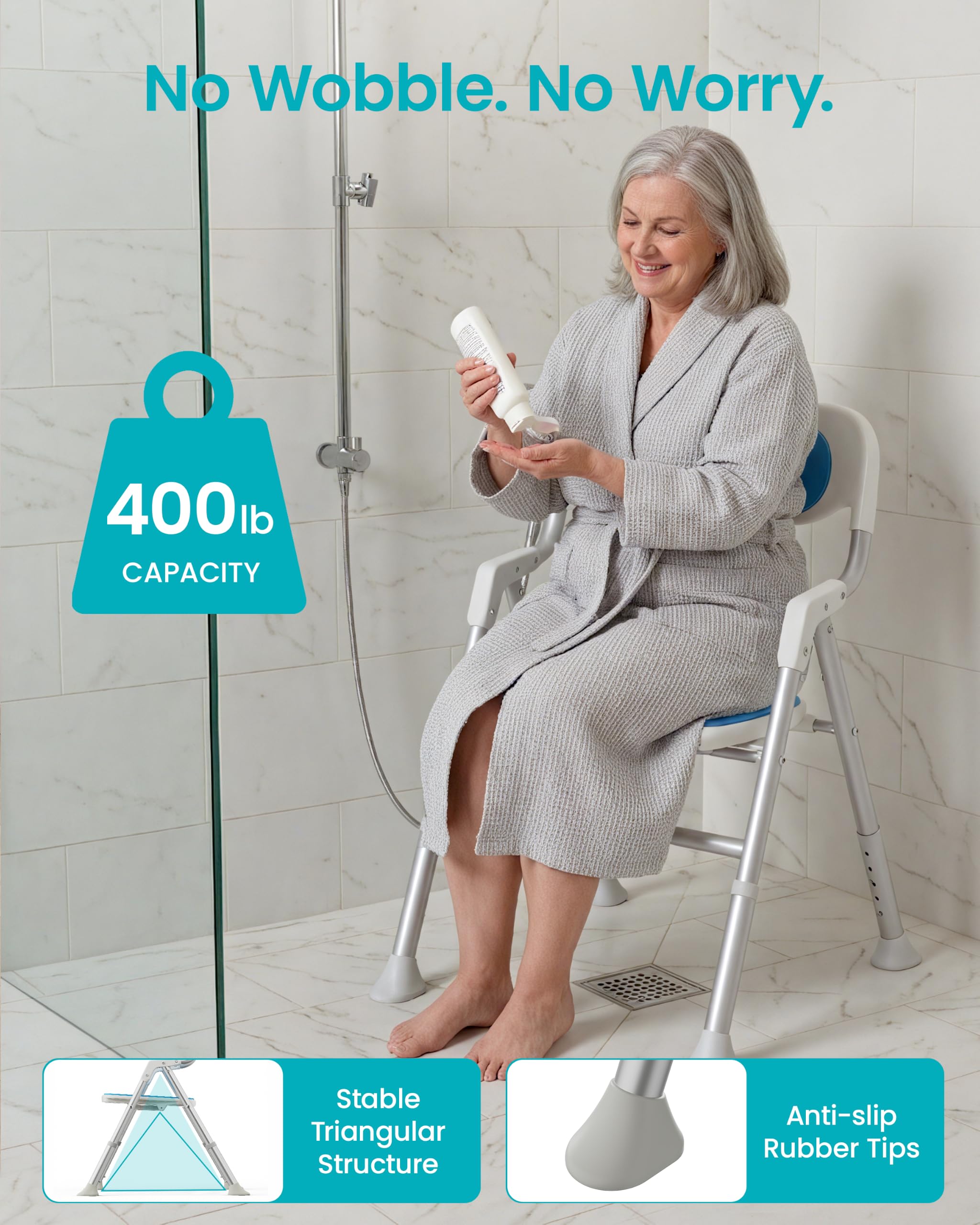 Silla de ducha para ducha interior con brazos y respaldo, asiento de baño plegable para ancianos y discapacitados con altura ajustable, taburete de baño de seguridad resistente de 400 libras