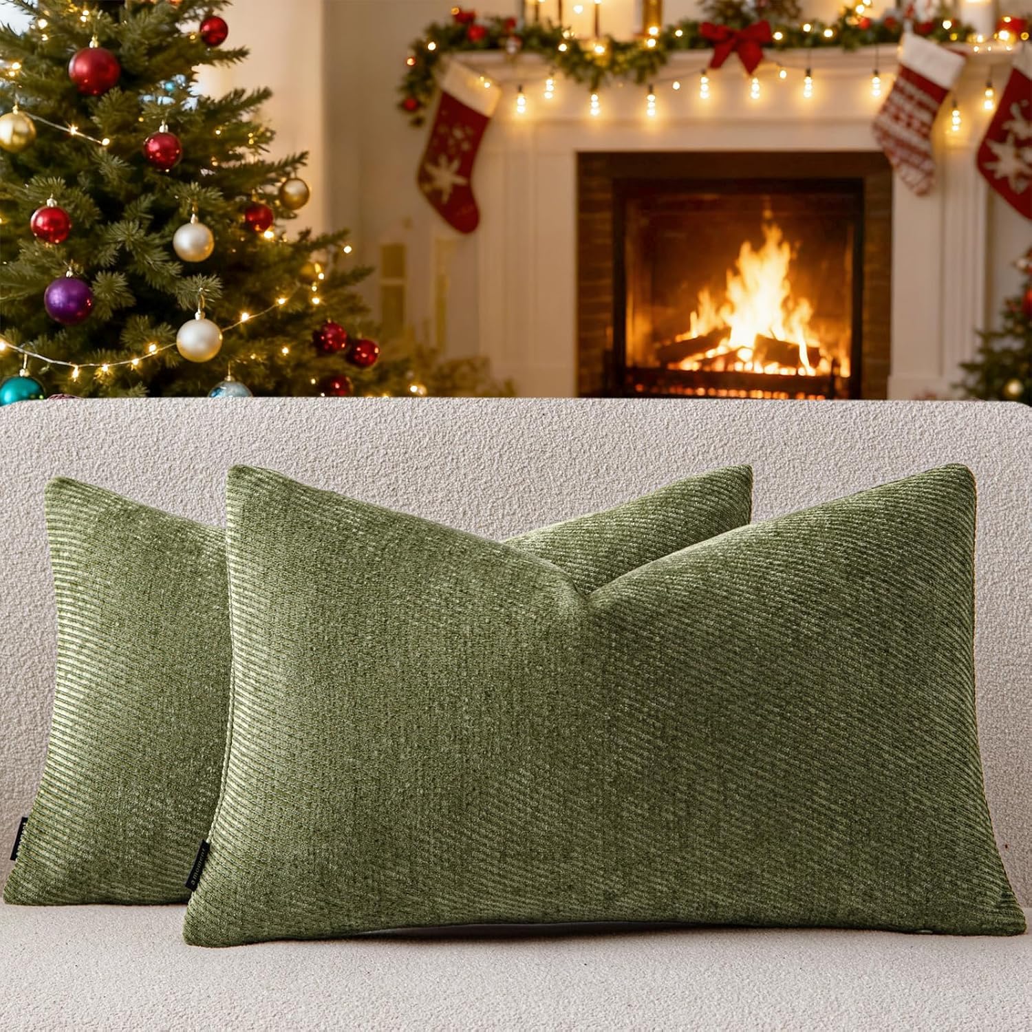 a moment pack of 2 decorative chenille throw pillow covers with twill cushion covers for sofa living room couch bed 12x20 inch moss green moss green 20" x 12" (pack of 2)