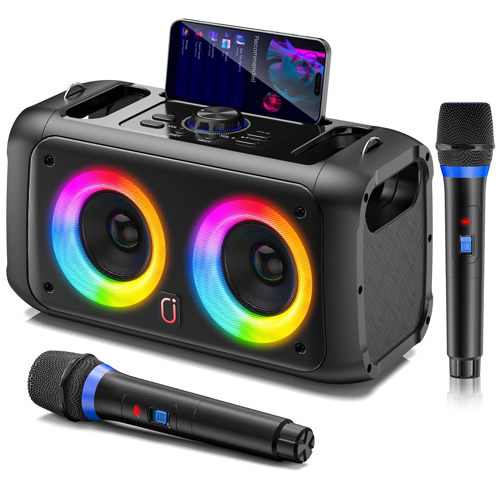 JYX Machine de Karaoké avec 2 Microphones sans Fil pour Adultes Enfants, Système de Karaoké Portable Prend en Charge Les Fêtes à La Maison，au Camping，Supporte TWS/AUX/USB/TF Card.