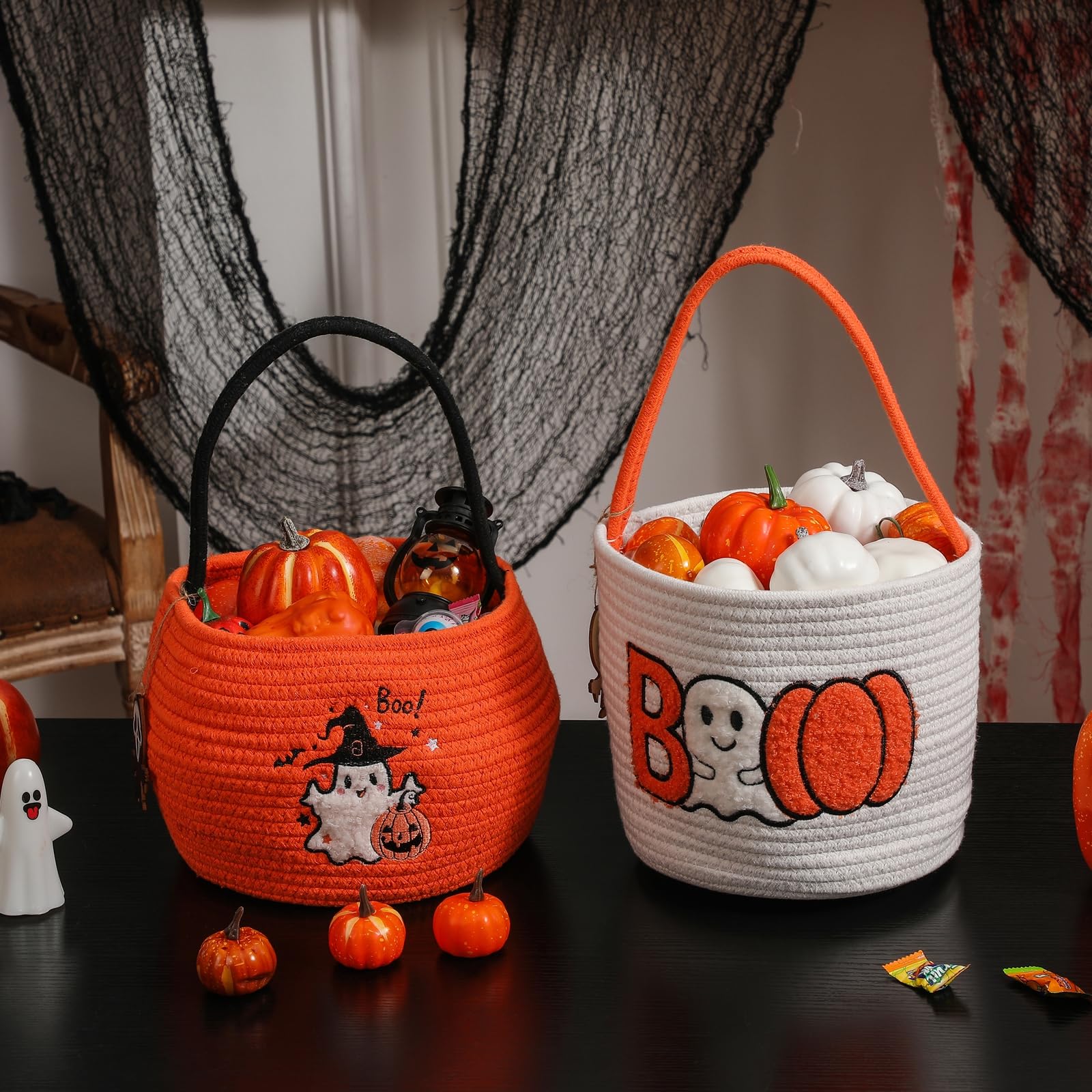 Boo Bags Halloween Boo Gift Basket Set With Card - Woven Orange Pumpkin Ghost Basket For Party Favors Spooky Basket Boo Bags Halloween Boo Gift Basket Set With Card - Woven Orange Pumpkin Ghost Basket For Party Favors Spooky Basket