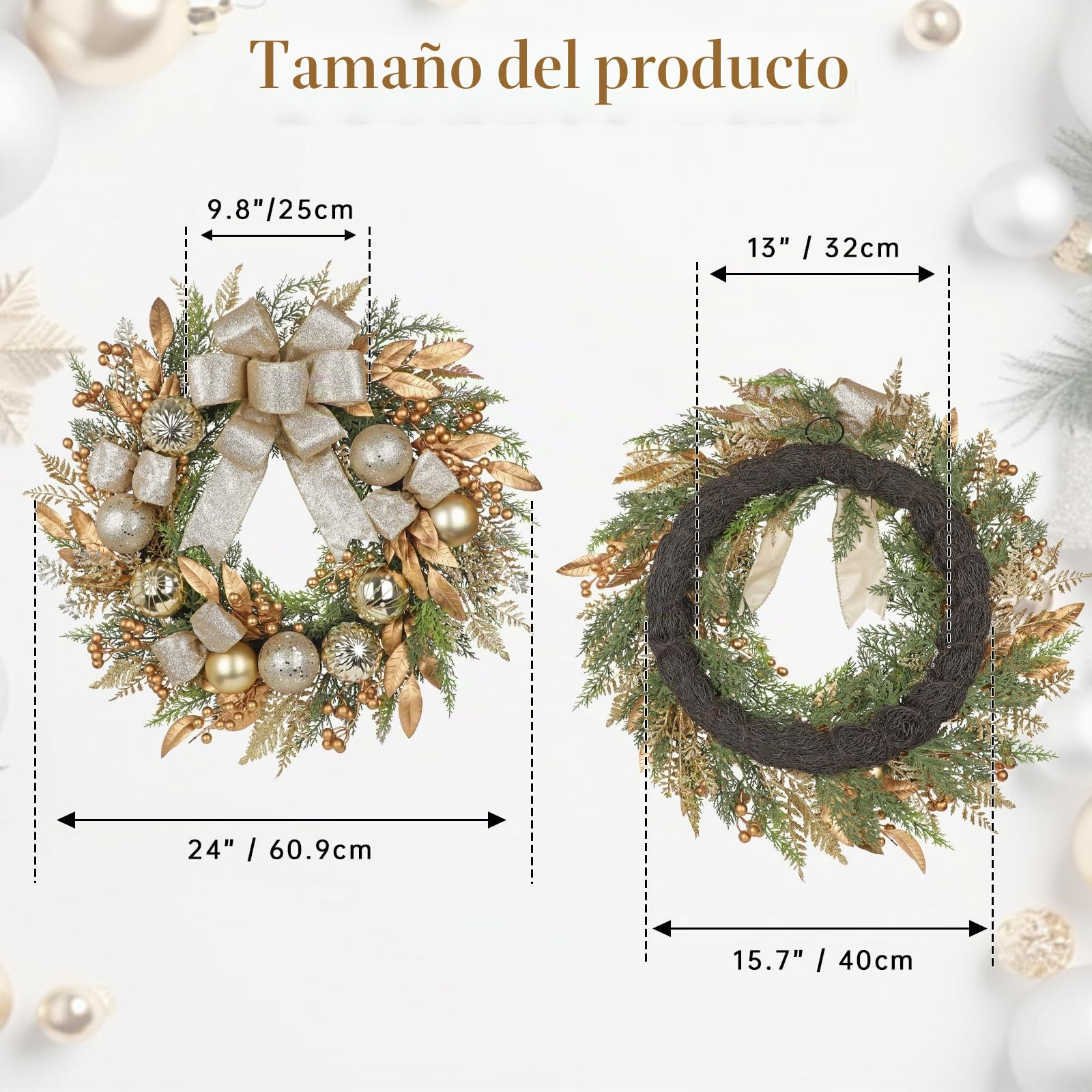 Arbrous Coronas de Puerta de Navidad Exterior 24" Corona de Navidad Grande Dorada con Lazo de Seda Bolas Bayas Hojas Coronas de Navidad para Puerta Principal Corona Artificial de Invierno para Pared