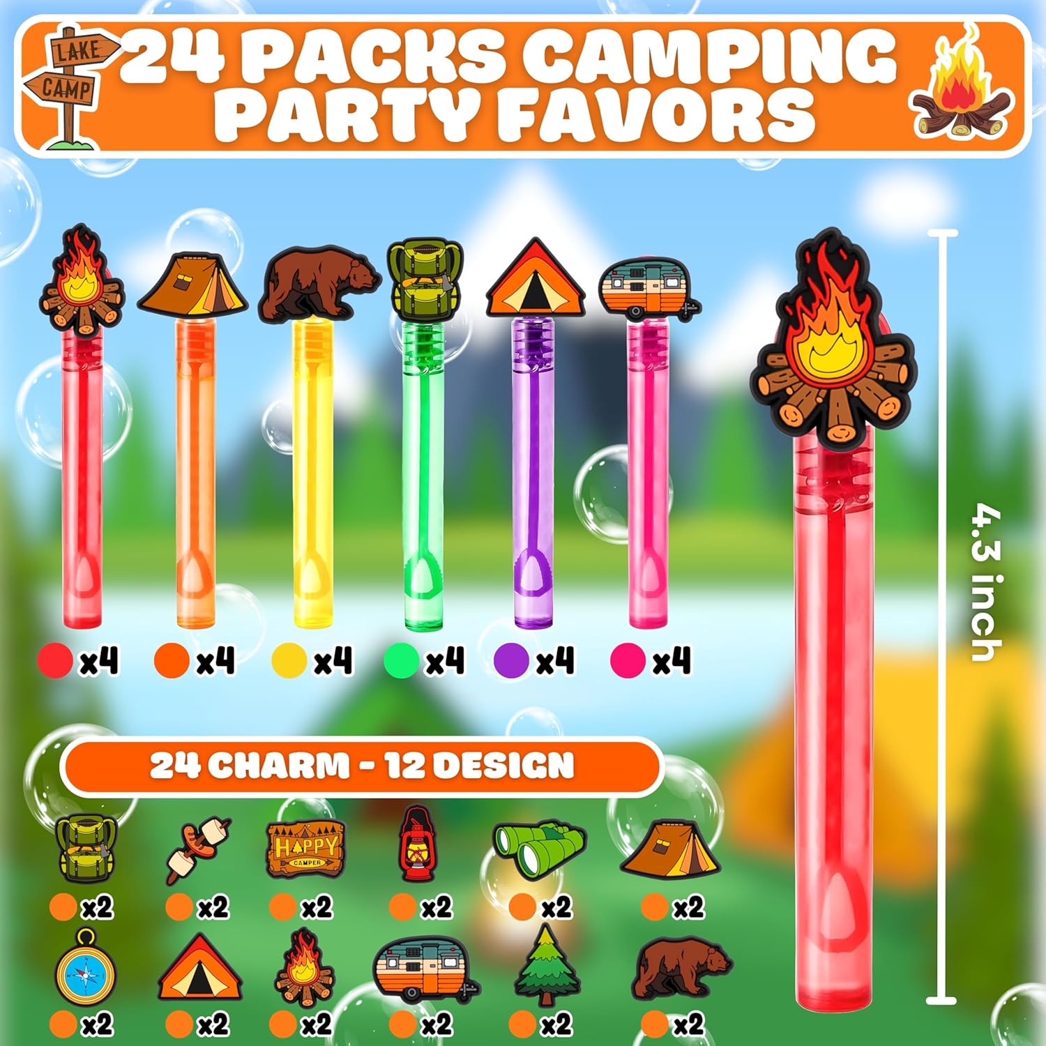 Camping Party Favors for Kids – 24PCS Outdoor Adventure Bubble Wands, Great for Birthday Supplies, Pinata Fillers, Goodie Bags & Classroom Rewards