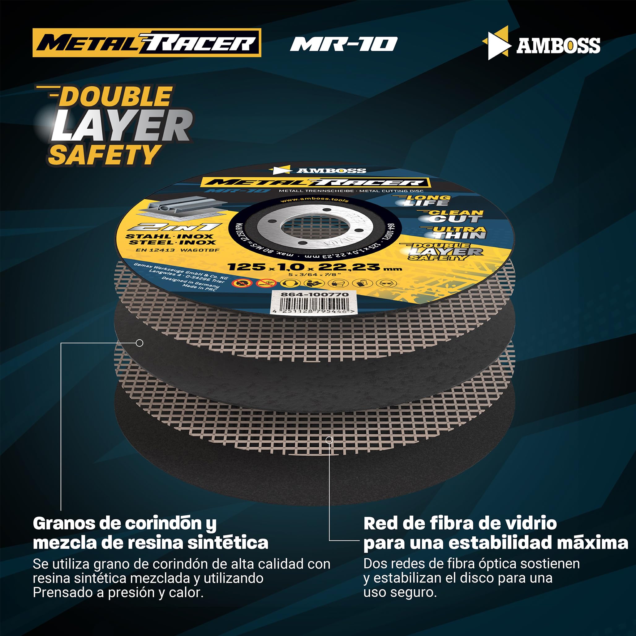 50 discos de corte de metal de 125 x 1 x 22,23 mm – El disco de corte de Metal Racer by AMBOSS WERKZEUGE es adecuado para acero y acero inoxidable