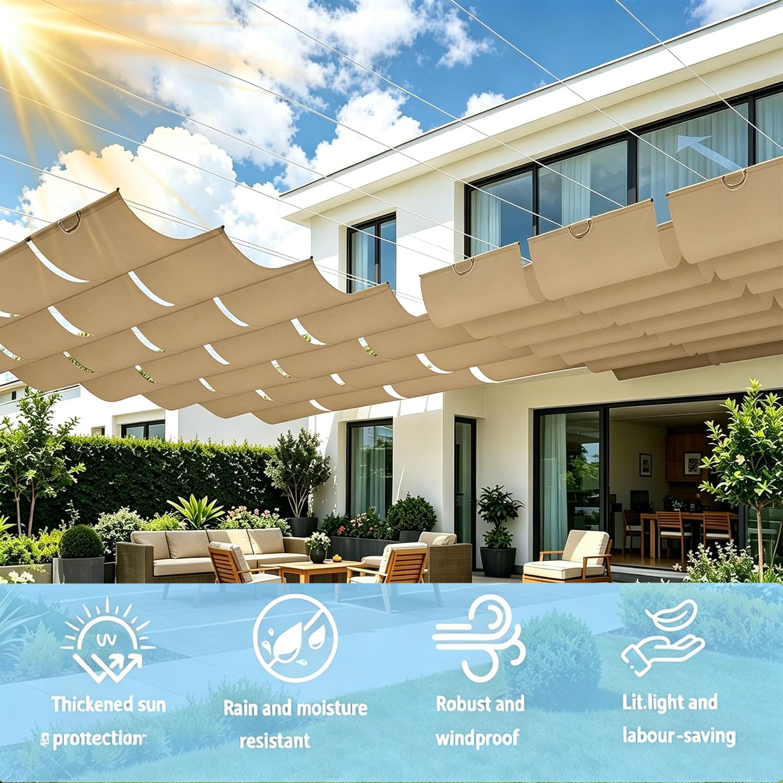 Einziehbares Welle Sonnensegel 200 x 400 cm Nach Maß Pergola Markise Verstellbar Schattenabdeckung 95% Uv-Schutz & Reißfest Nach Maß Pergola Markise für Outdoor Balkon, Khaki