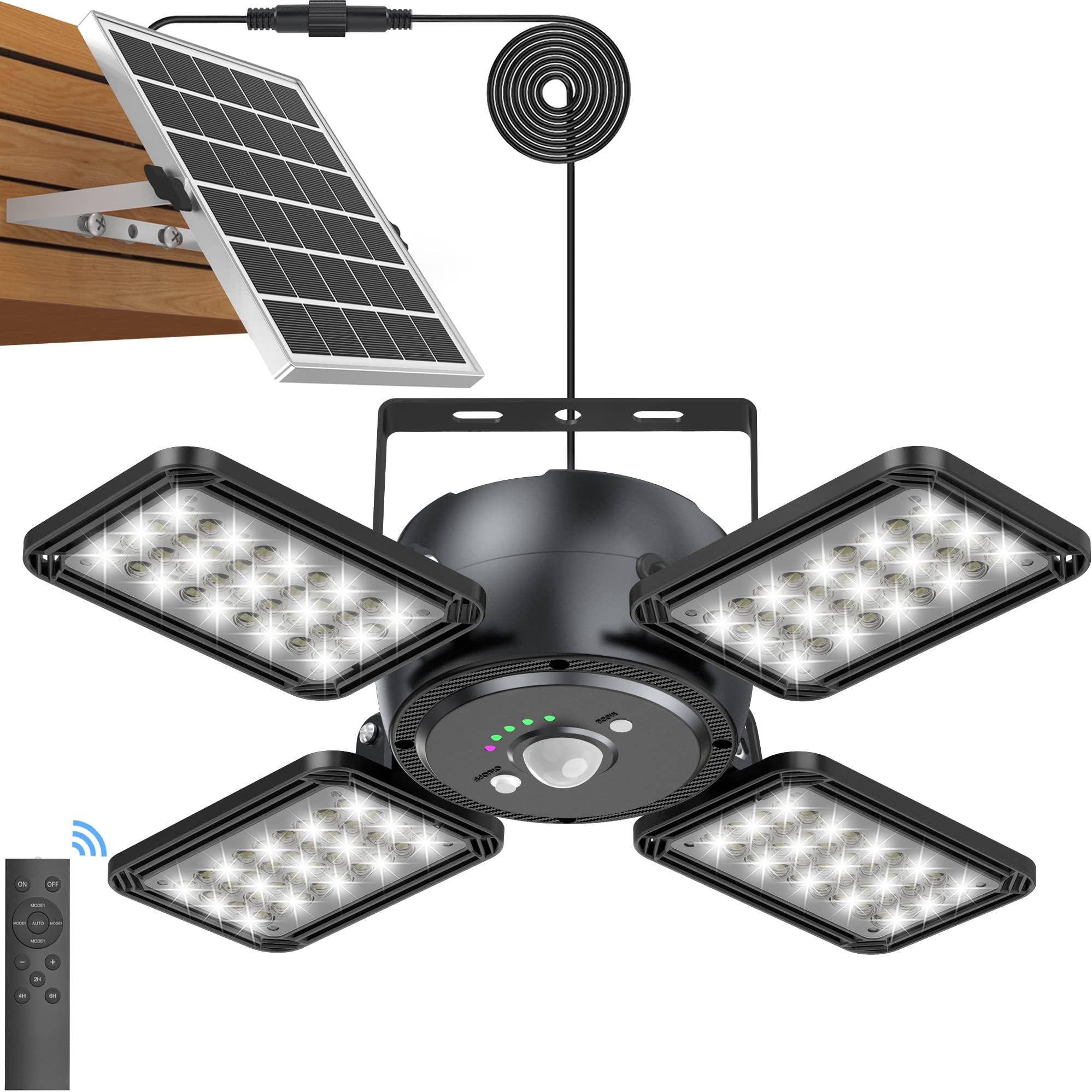 Latband Solar Pendant Light Outdoor Indoor Solar Powered Motion Sensor Shed Light,144LED 1200LM Daytime Work with 5 Lighting Modes Remote Control 4 Heads IP65 Waterproof for Garage Gazebo Barn
