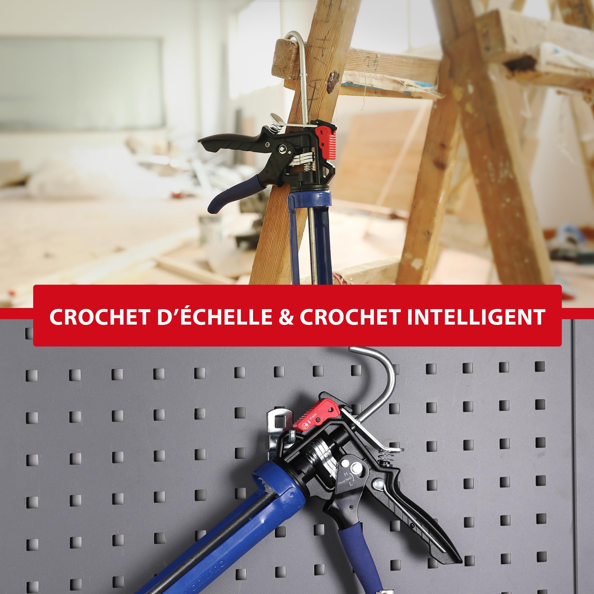 WORKPRO Pistolet à Calfeutrer Silicone en Métal avec 2 Modes de Rapport de Poussée, Transmission de Force 9:1 et 18:1, Pistolet à Cartouche pour Cartouches de Silicone et d'Adhésif de 295ml