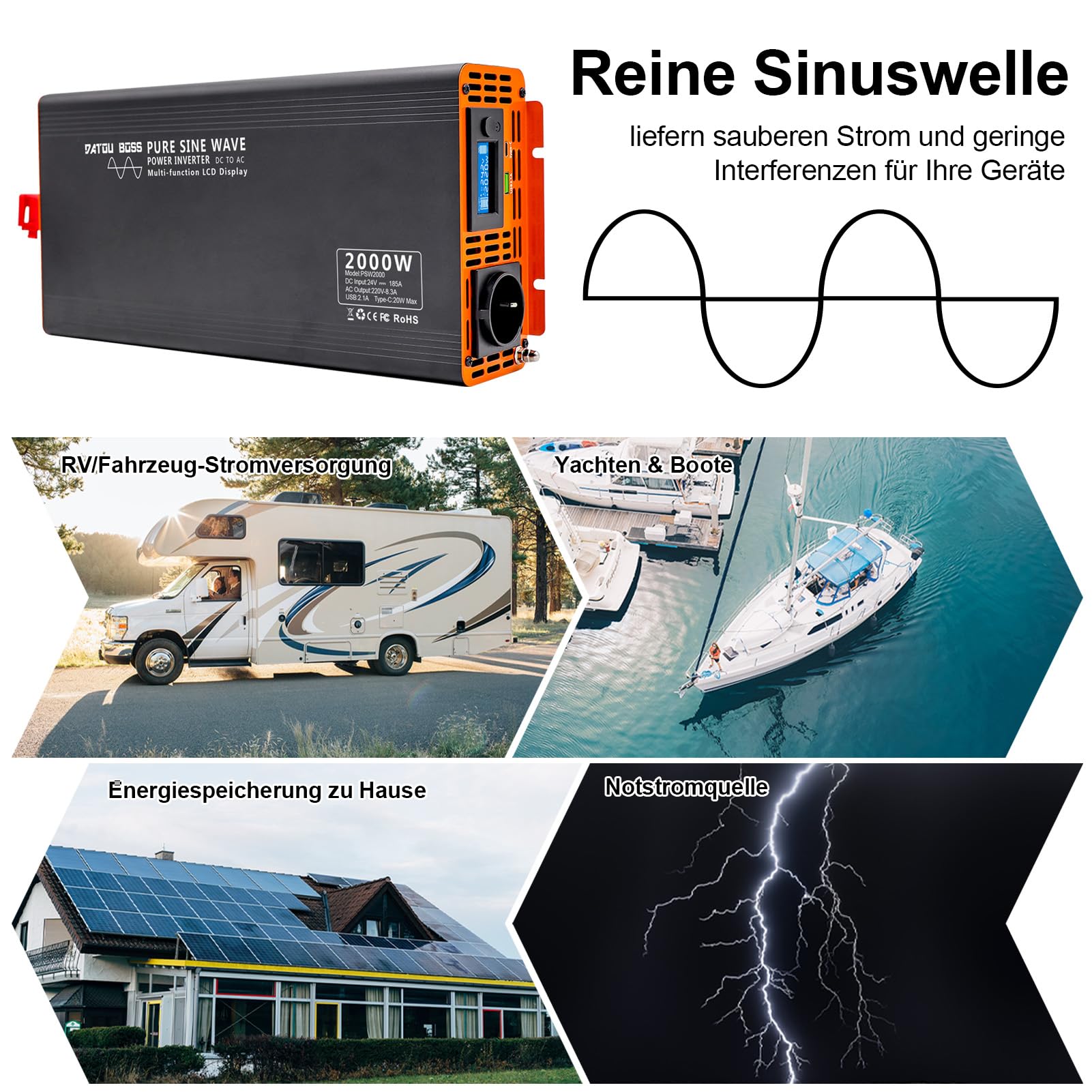 DATOUBOSS Wechselrichter 24V DC auf 230V AC Reiner Sinus 2000W/4000W, Spannungswandler 24V 230V LCD-Display und 1x USB + 1x Type-c Spannungswandler Reiner Sinus Inverter Pure Sine Wave