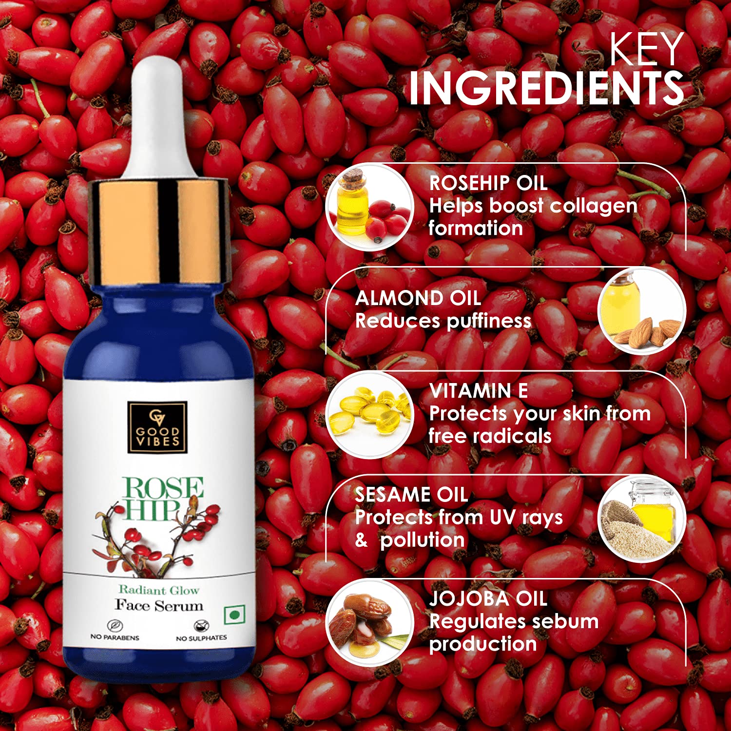 Good Vibes Rose Hip Radiant Glow Face Serum 10 Ml Light Weight Non Greasy Moisturizing Anti Ageing Formula For All Skin Types Corrects Dark Spots Natural No Parabens Sulphates No Animal Good Vibes Rose Hip Radiant Glow Face Serum 10 Ml Light Weight Non Greasy Moisturizing Anti Ageing Formula For All Skin Types Corrects Dark Spots Natural No Parabens Sulphates No Animal