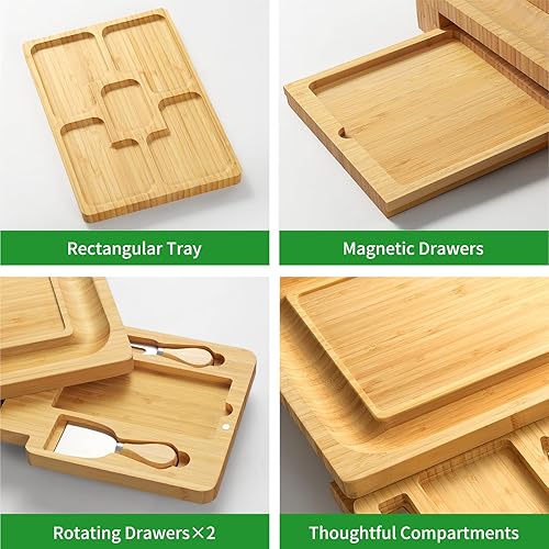 Miniatura 10 de Juego de tablas de bambú para charcutería  Tabla de queso para servir carne, juego de tabla de charcutería con 4 cuchillos de queso de acero
