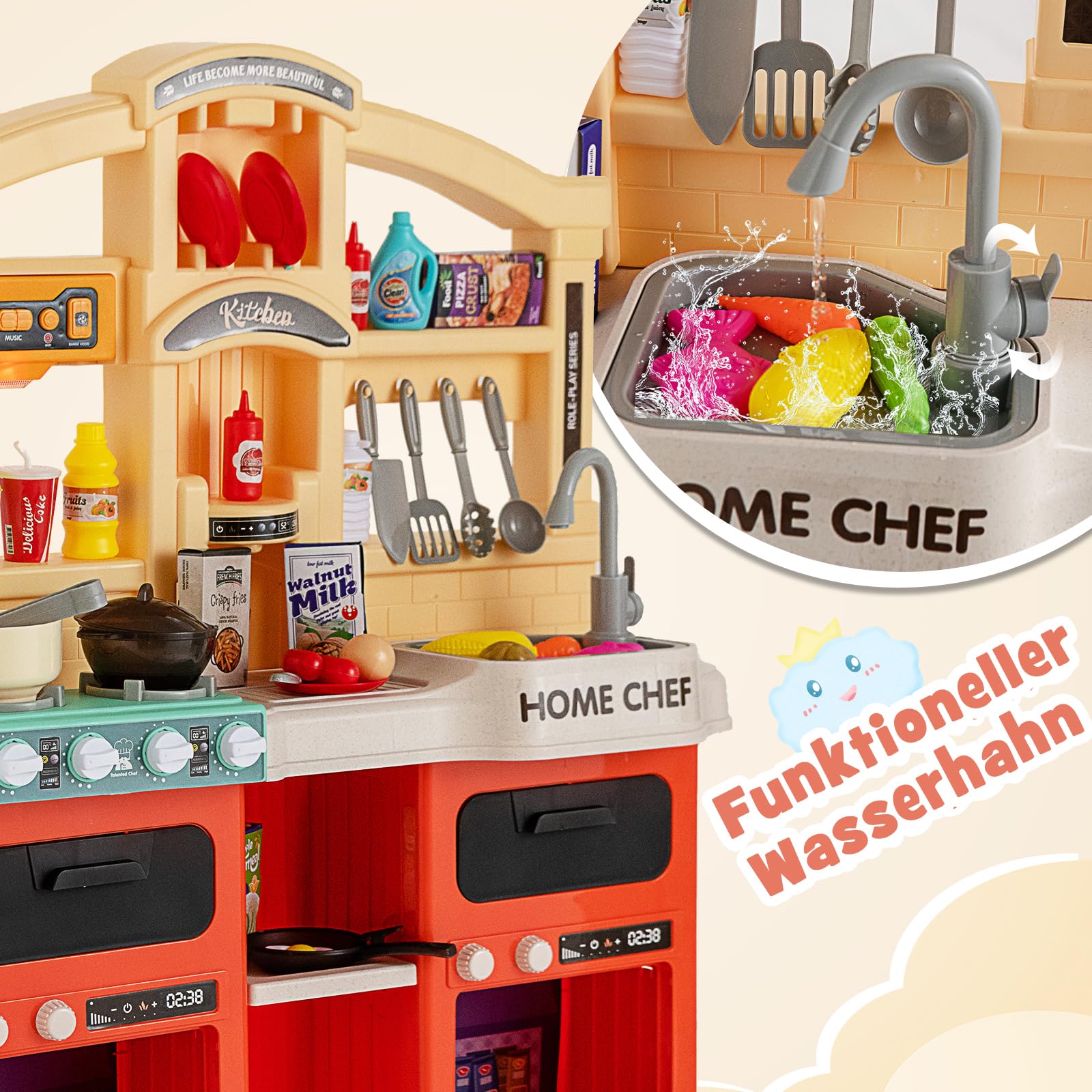 DREAMADE Kinderküche mit 42 TLG. Zubehör, Kinderspielküche mit Licht und Sound, Dampf, Wasser, Spüle, Wasserhahn, Herd, Backofen, Spielzeugküche, Spielküche für Kinder ab 3 Jahren (Orange)