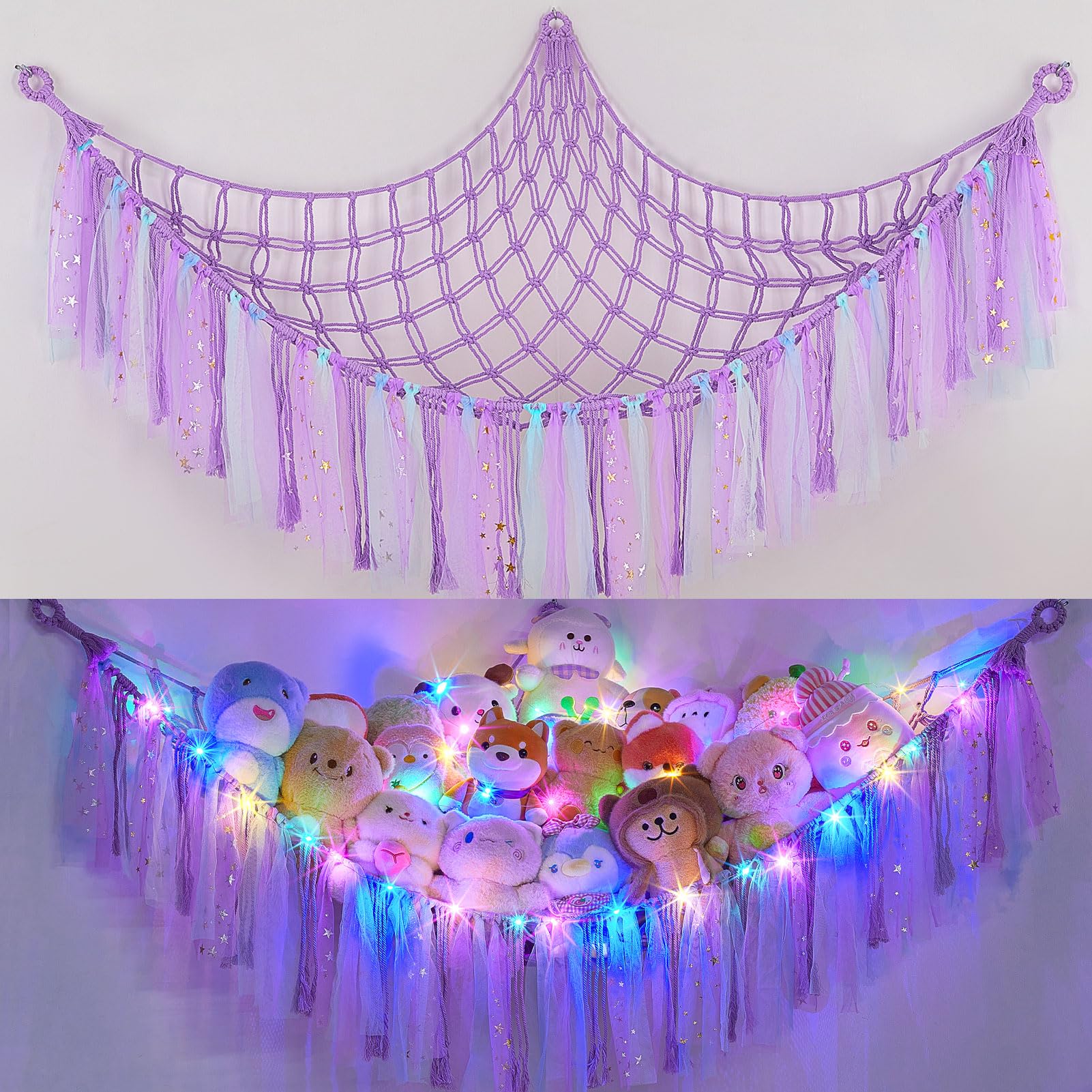 FIOBEE Stuffed Animals Net LED Light Toy Hammock for Kids Bedroom Storage