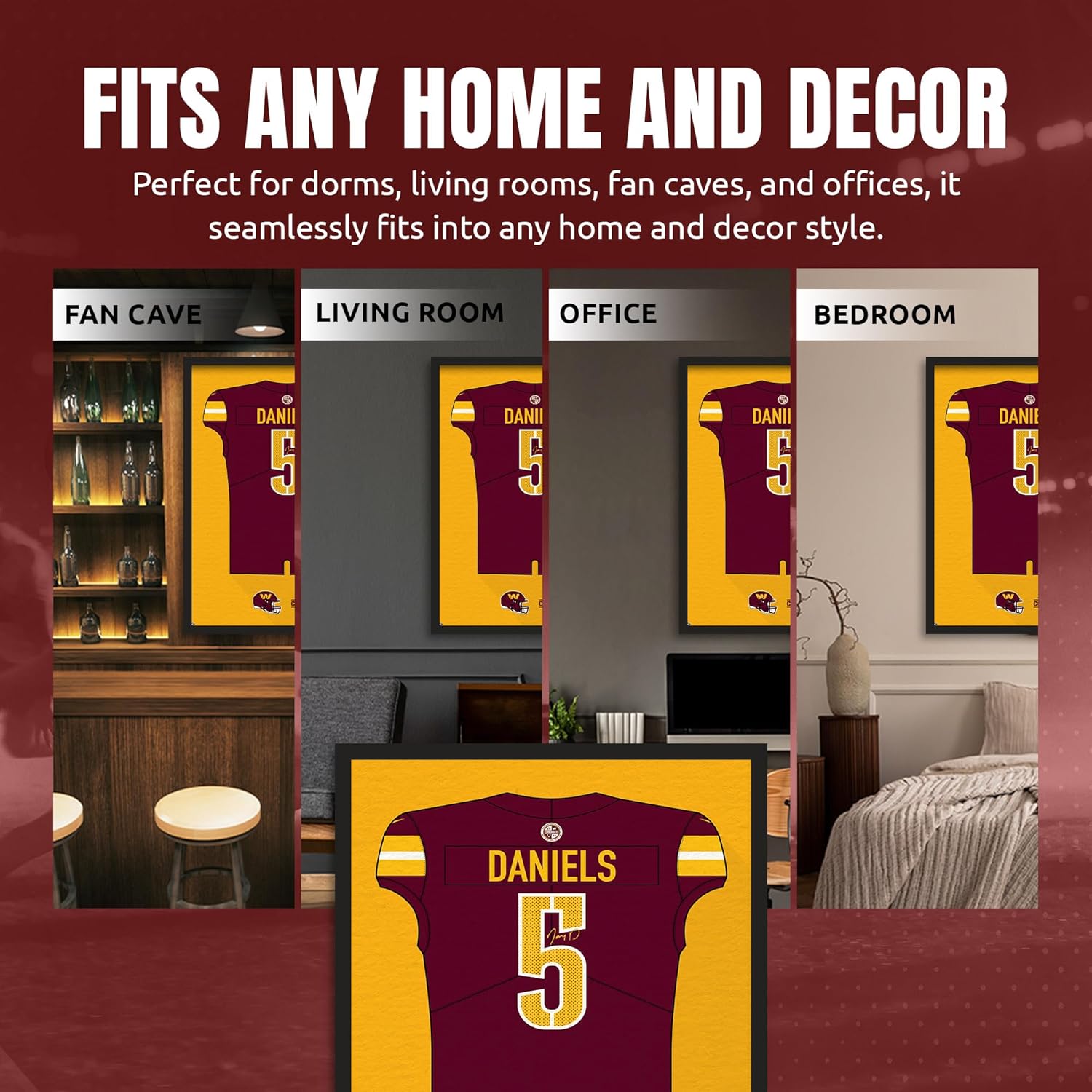 Sporticulture NFL American Football Washington Commanders - Jayden Daniels Jersey Print Framed Wall Art Picture Poster for Boys Bedroom and Man Cave Decor - Ready to Hang, Red 14" x 20", Small